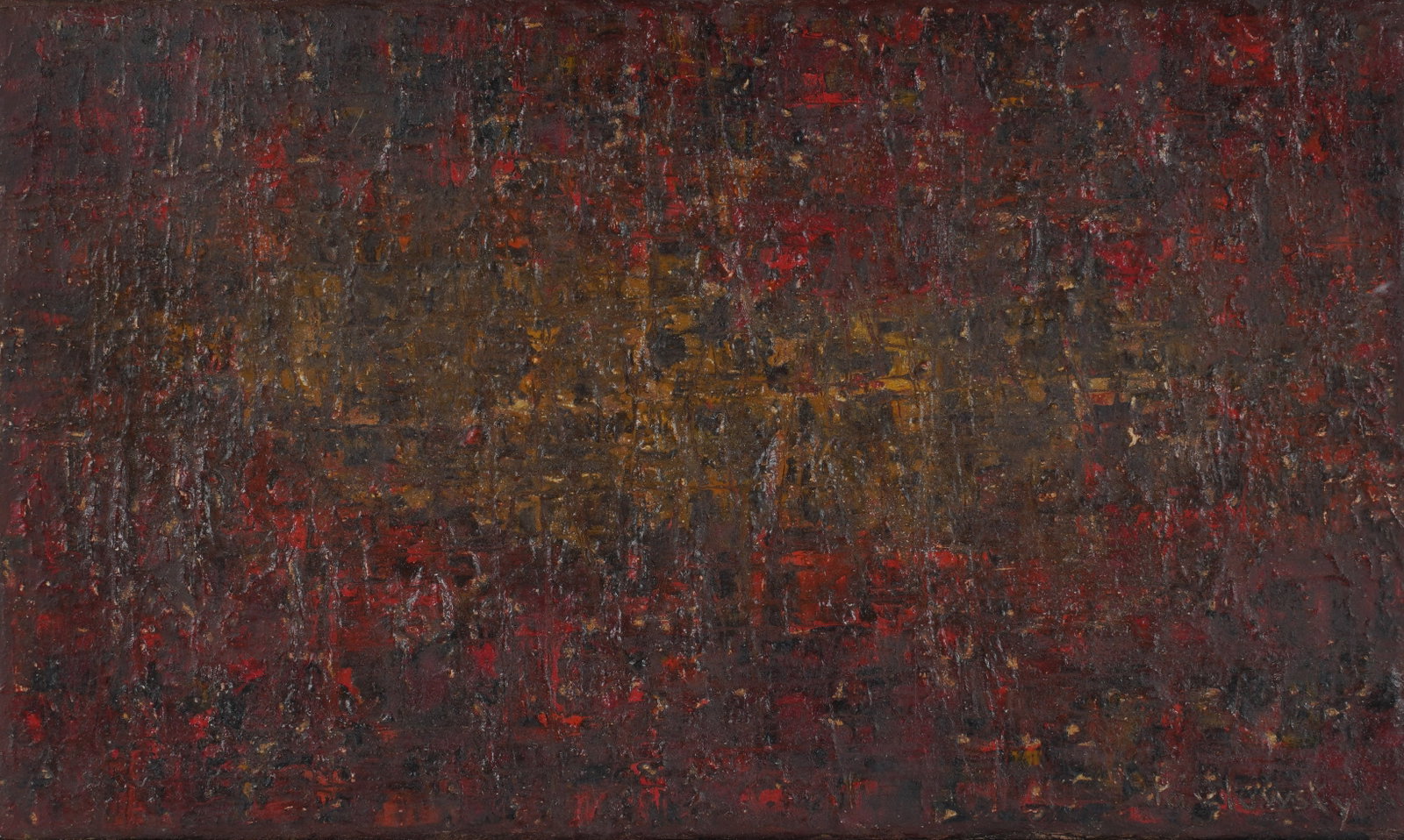 Jacqueline Pavlowsky, 1921-1971, Fusion: oil on canvas 1964, artist stamp on verso, titled and dated on verso Frame: 6 3/4 x 11 in. (17.1 x 27.9 cm.)