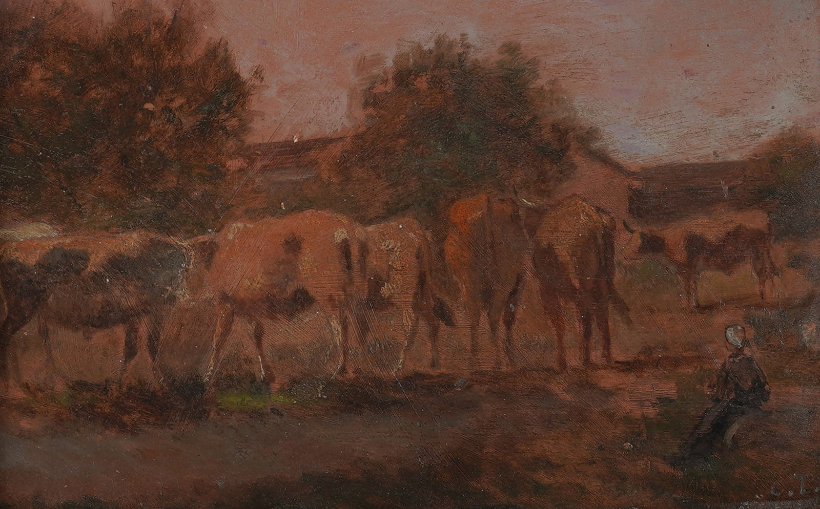 Constant Troyon, French 1810-1865, Troupeau de vaches au paturage: oil on board Signed to the lower right, Adolphe Legopouy Paris gallery label on verso 6 1/2 x 10 in. (16.5 x 25.4 cm.), Frame: 14 1/2 x 18 in. (36.8 x 45.7 cm.)