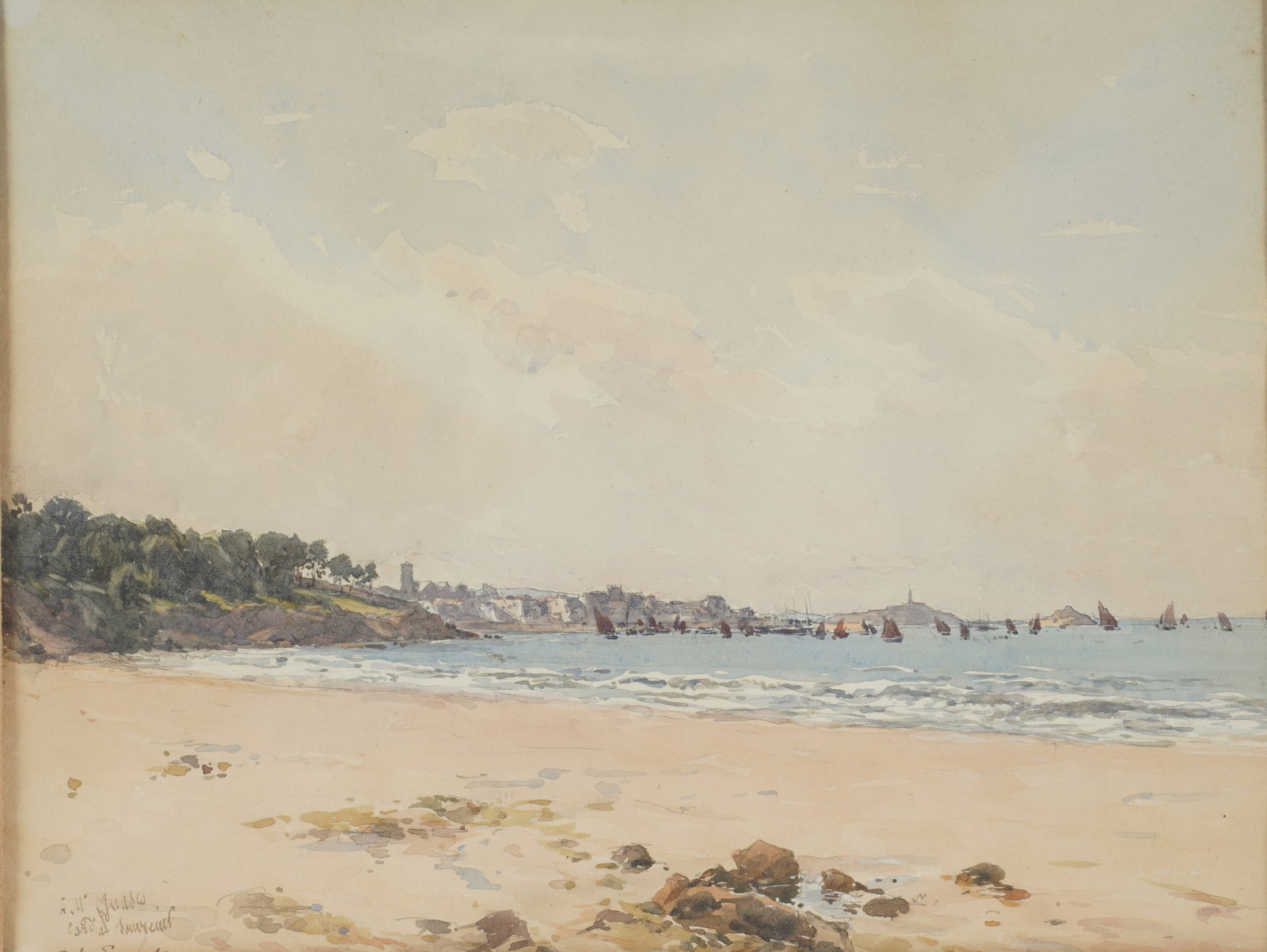 Paul Lecomte, France 1842-1920, Seaside Landscape: watercolor on paper Signed and dedicated to the lower left Sight: 9 1/2 x 12 1/4 in. (24.1 x 31.1 cm.), Frame: 15 1/2 x 18 3/4 in. (39.4 x 47.6 cm.)