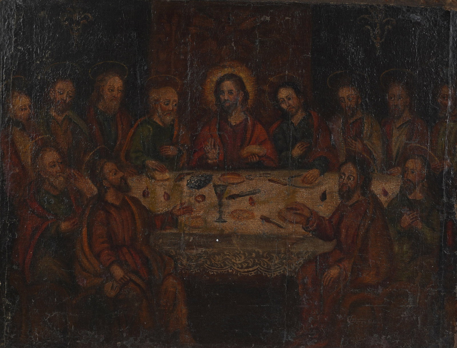Italian School: The Last Supper: oil on canvas laid to Masonite, no visible signature 23 1/2 x 30 1/2 in. (59.7 x 77.5 cm.), Frame: 27 1/2 x 34 1/4 in. (69.9 x 87 cm.)