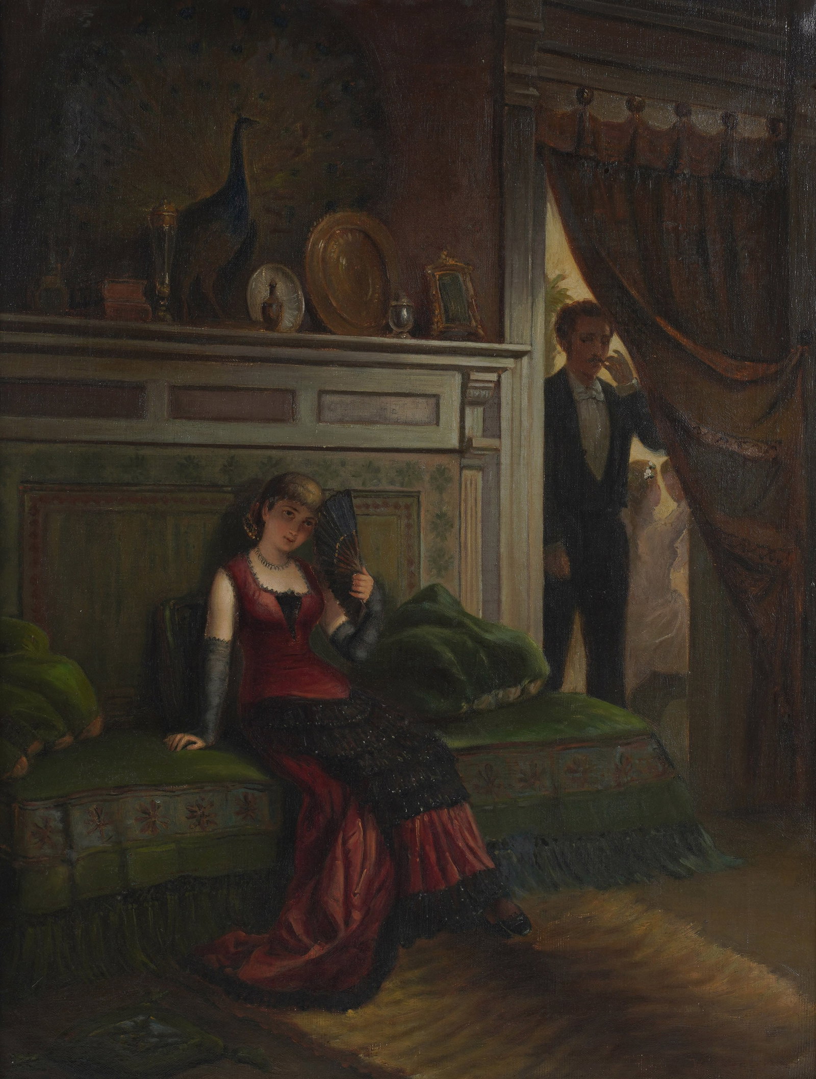 A 19th-Century Interior Scene: oil on canvas, signed illegibly to the lower right 27 x 20 1/2 in. (68.6 x 52.1 cm.), Frame: 33 x 26 1/2 in. (83.8 x 67.3 cm.)