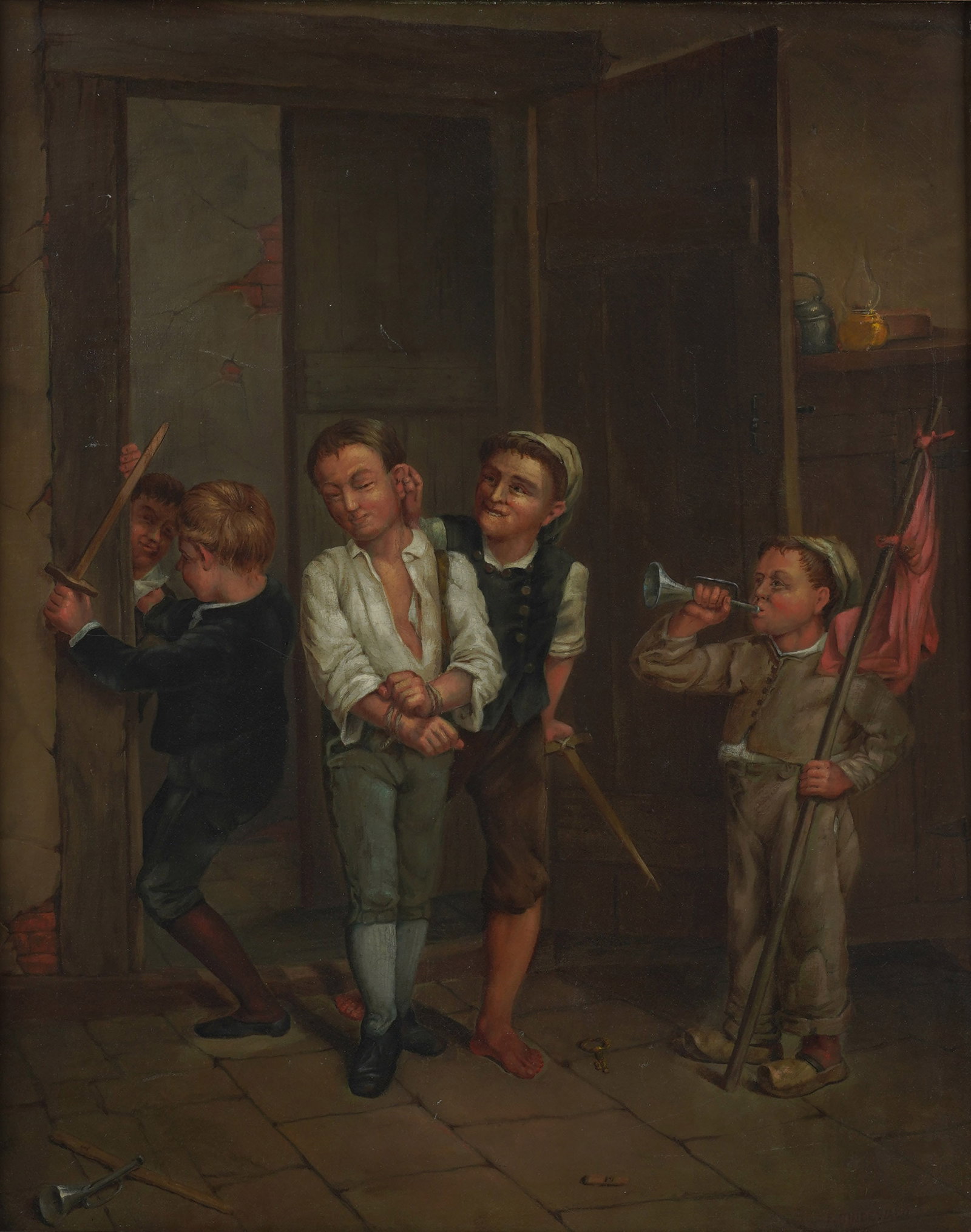 Friedrich Bindewald, 1862-1940, The Captive: oil on artist board signed to the lower right 26 x 21 in. (66 x 53.3 cm.), Frame: 33 x 28 in. (83.8 x 71.1 cm.)