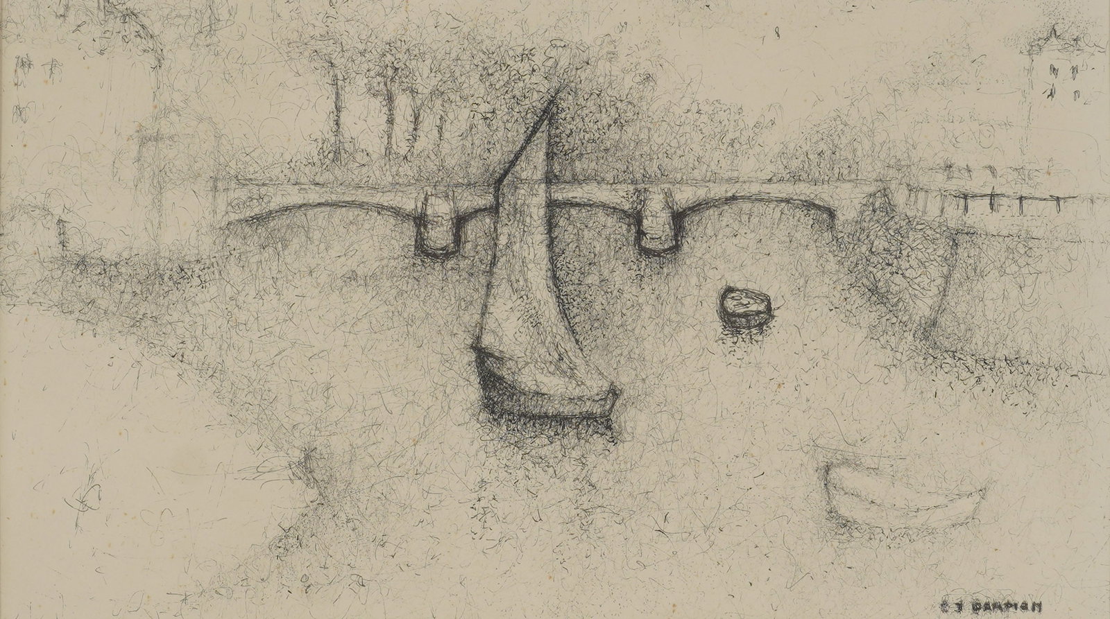 A Landscape Study: Ink on paper, signed illegibly to the lower right 6 x 10 1/2 in. (15.2 x 26.7 cm.), Frame: 11 1/2 x 16 1/4 in. (29.2 x 41.3 cm.)