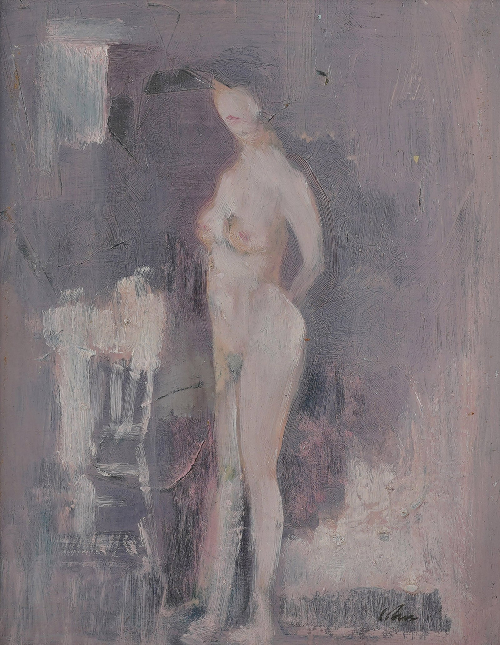 A Standing Female Nude: oil on Masonite, signed illegibly to the lower right 10 x 8 in. (25.4 x 20.3 cm.), Frame: 16 1/2 x 14 1/2 in. (41.9 x 36.8 cm.)