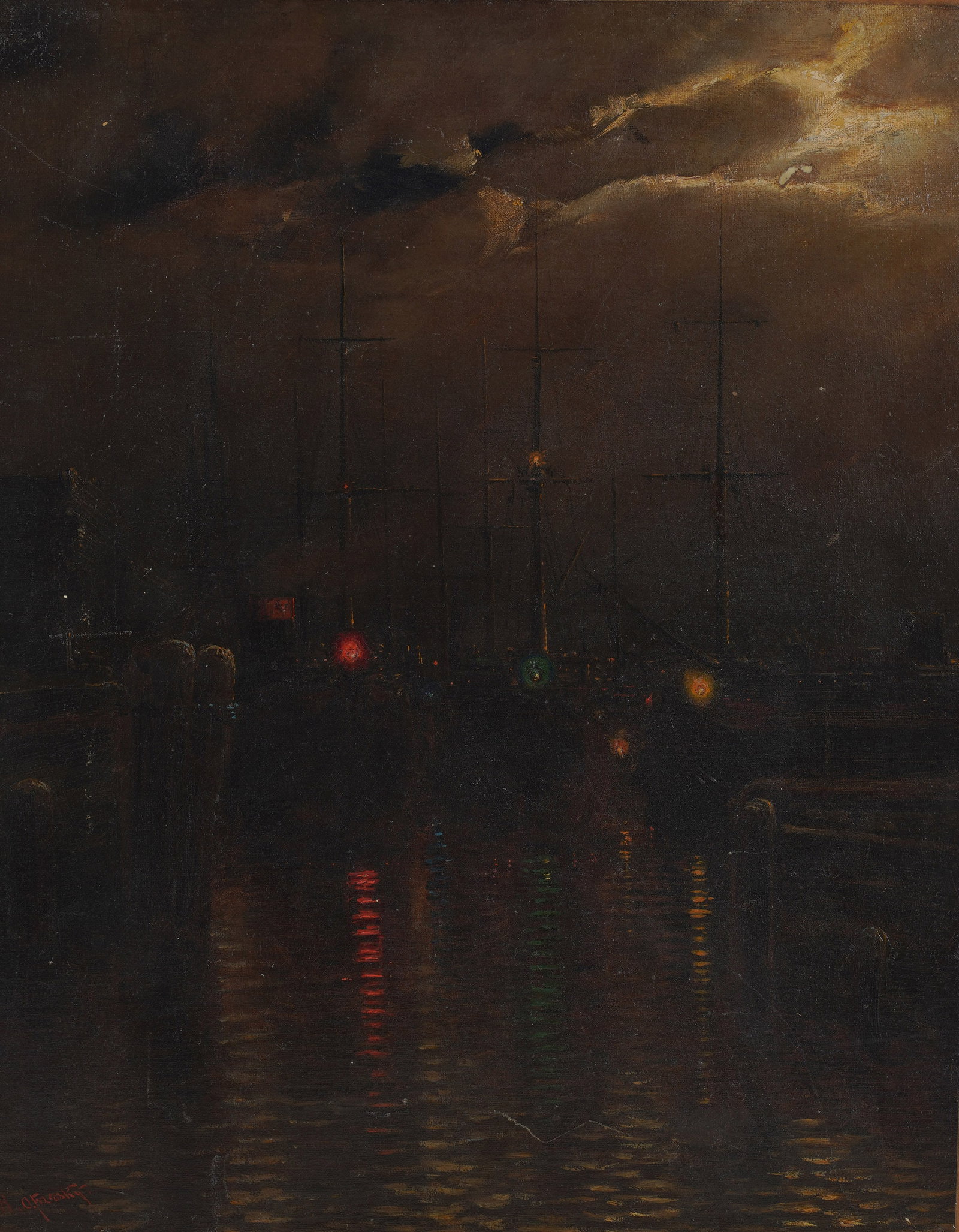 Aldrich Otto Farsky, 1895-1968, Nocturne in Port: Oil on Masonite signed to the lower left 15 x 12 1/4 in. (38.1 x 31.1 cm.)