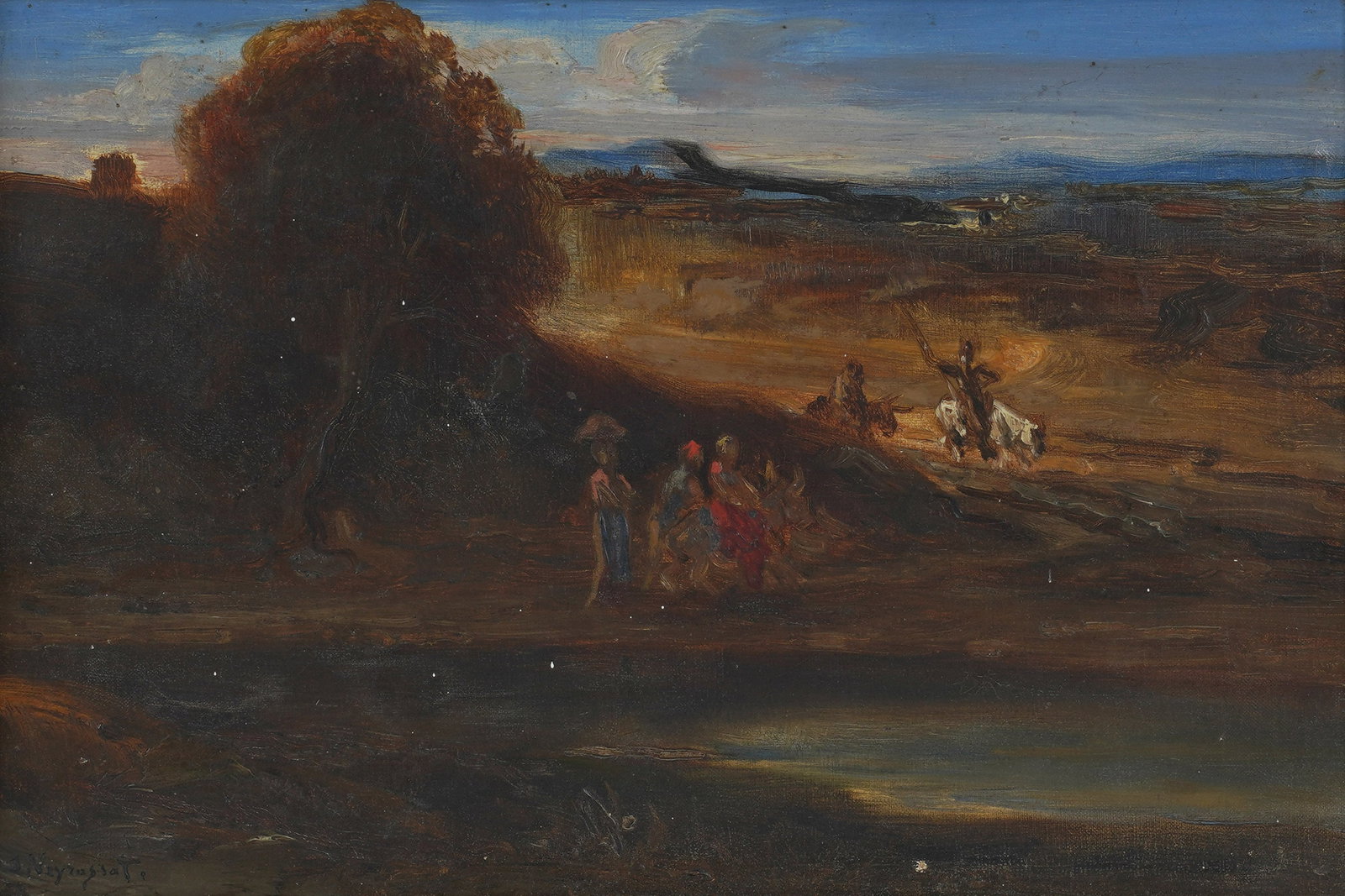 Jules Jacques Veyrassat, French 1828-1893, Landscape with Figures: Oil on canvas Signed to the lower left 8 3/4 x 13 in. (22.2 x 33 cm.), Frame: 10 1/4 x 14 1/2 in. (26 x 36.8 cm.)