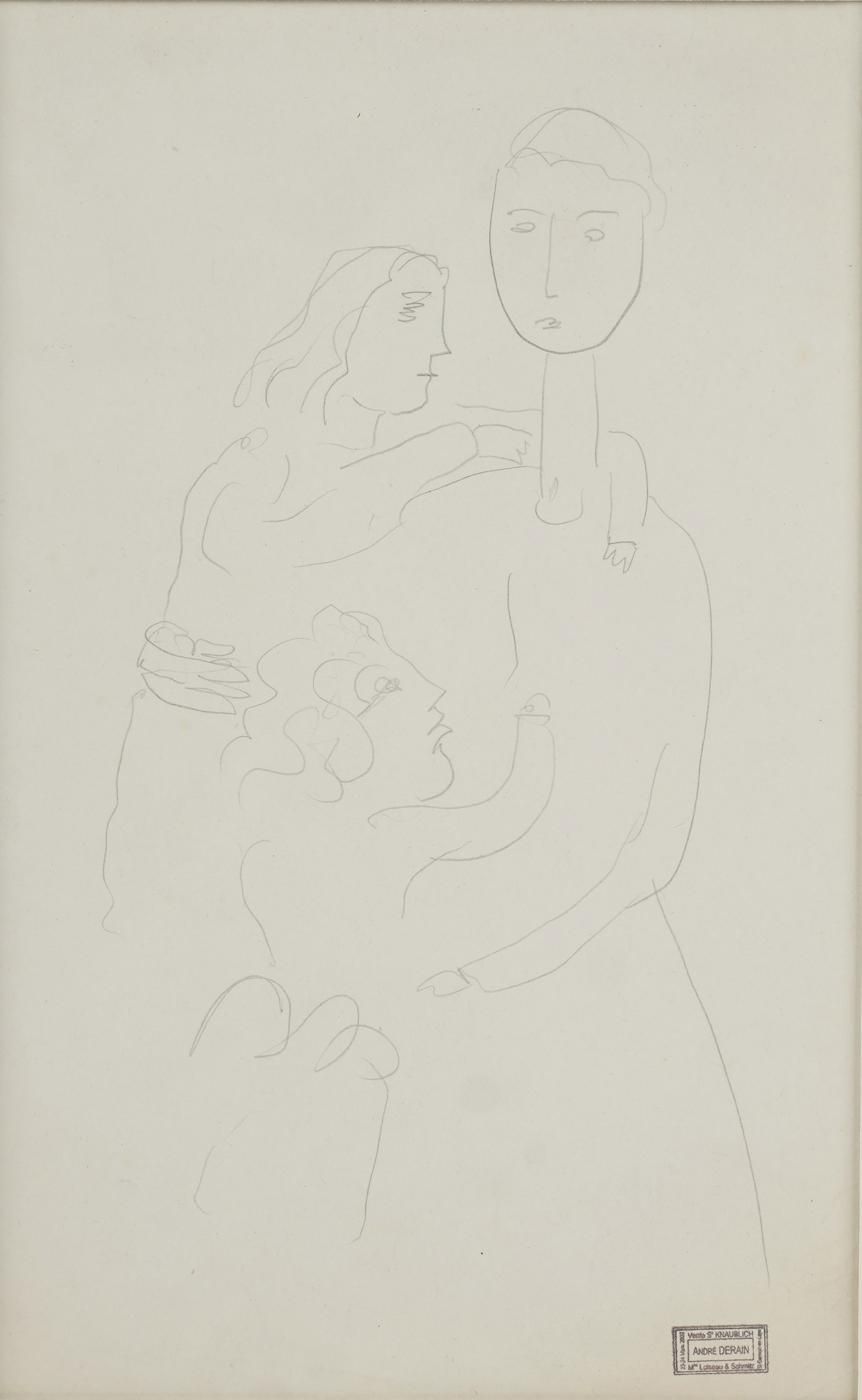 Andre Derain, French 1880-1954, Three Figures: pencil on paper stamp signed with the atelier stamp of Andre Derain Sight: 11 3/4 x 7 1/4 in. (29.8 x 18.4 cm.), Frame: 21 1/4 x 17 in. (54 x 43.2 cm.)
