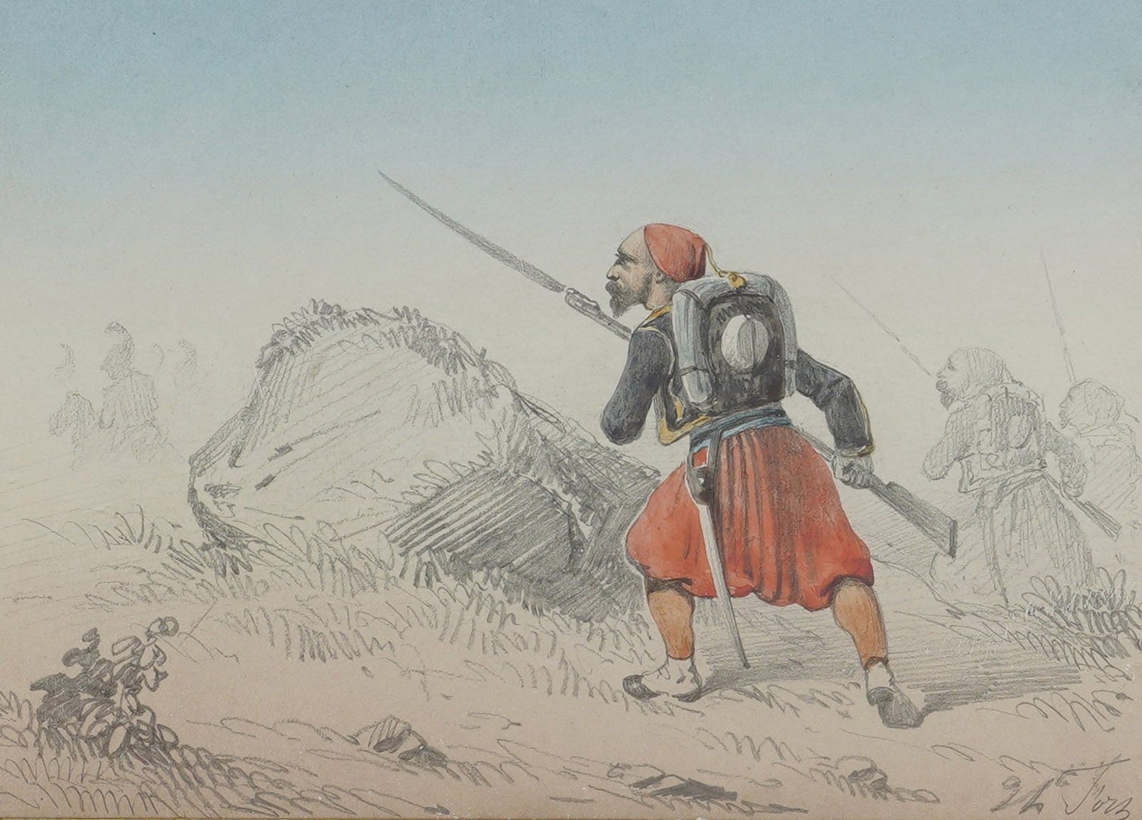 A French Zouave Soldier: watercolor and pencil on paper, signed illegibly to the lower right, dedication from Philippe Petain on verso, dated 1934 Sight: 4 x 5 1/2 in. (10.2 x 14 cm.), Frame: 9 1/8 x 10 1/2 in. (23.2 x 26.7 c
