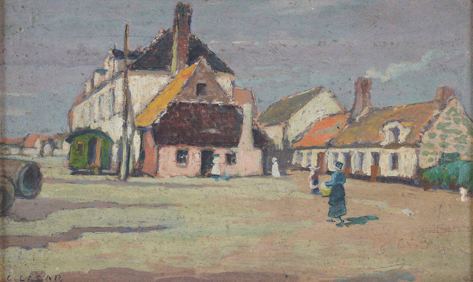 Charles Augustus Lasar, 1856-1936, Village Scene: oil on artist board signed to the lower right 5 x 8 in. (12.7 x 20.3 cm.), Frame: 5 3/4 x 8 3/4 in. (14.6 x 22.2 cm.)