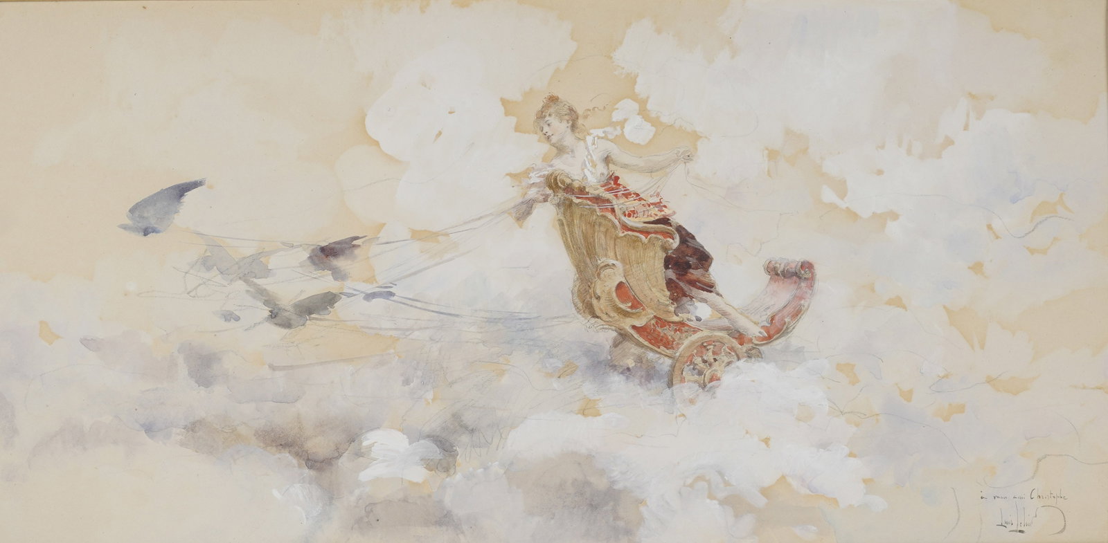Louis Leloir, France 1843-1884, Venus: watercolor and gouache on paper Signed and dedicated to the lower right, Adolphe Beugniet exhibition label on verso Sight: 8 x 16 1/4 in. (20.3 x 41.3 cm.), Frame: 18 1/4 x 26 1/4 in. (46.4 x 66.7