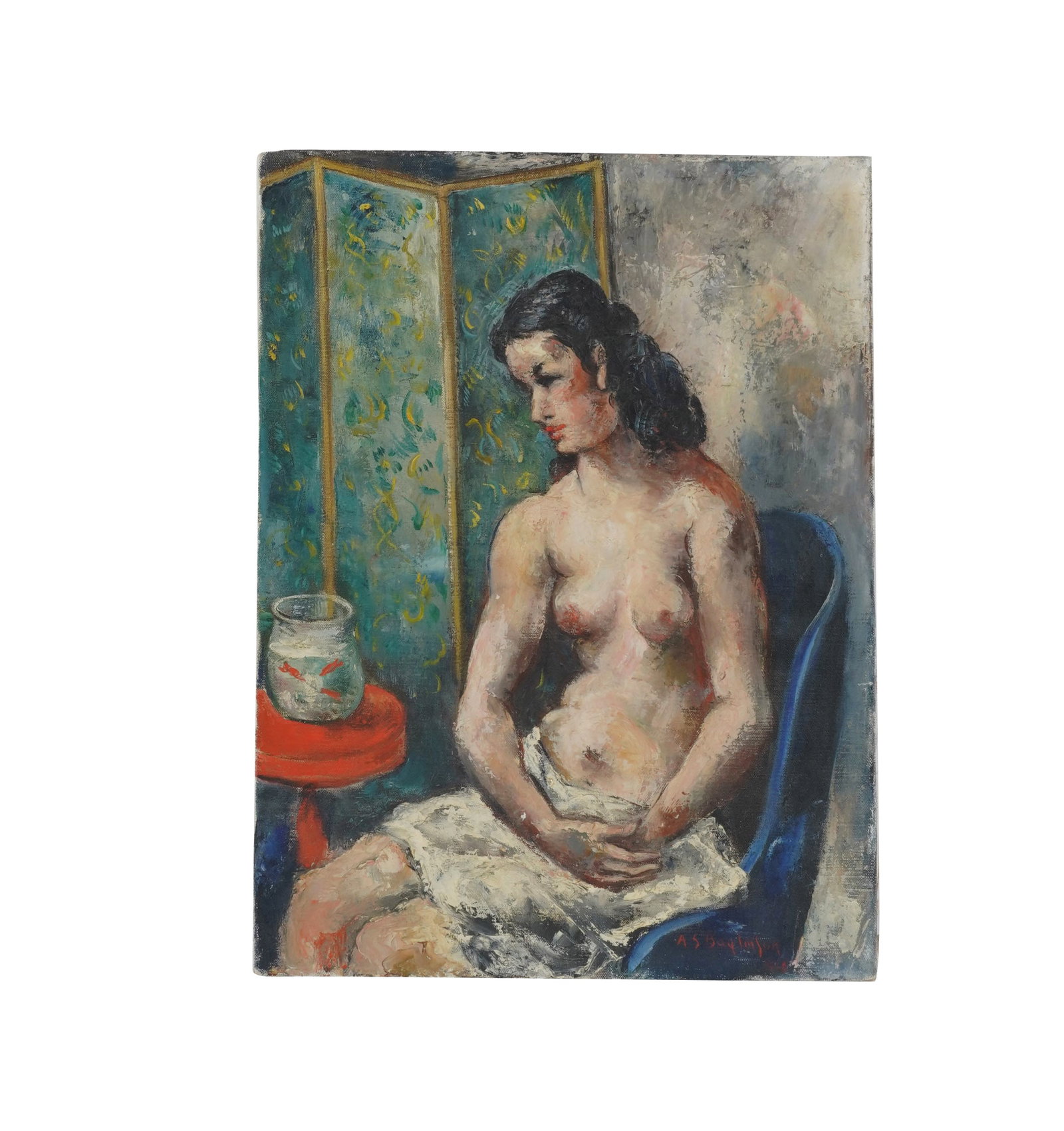 Abraham S Baylinson, 1882-1950, Nude Woman with Fish Bowl: oil on canvas 1948, signed and dated to the lower right 16 x 12 in. (40.6 x 30.5 cm.)