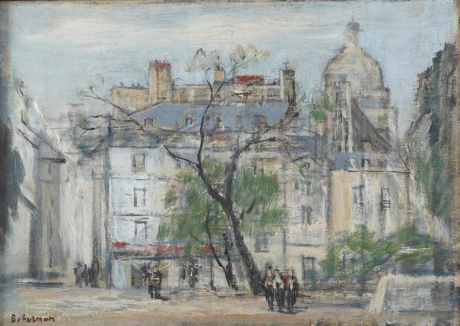 A Parisian Street Scene: oil on canvas, signed to the lower left 13 x 18 in. (33 x 45.7 cm.), Frame: 17 1/2 x 22 3/4 in. (44.5 x 57.8 cm.)