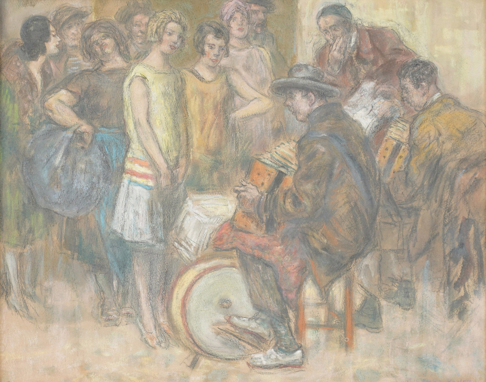 Richard Ranft, 1862-1931, A Cafe Scene with Musicians: pencil and pastel on paper Signed to the lower right Sight: 12 1/4 x 15 1/2 in. (31.1 x 39.4 cm.), Frame: 18 1/2 x 21 1/2 in. (47 x 54.6 cm.)