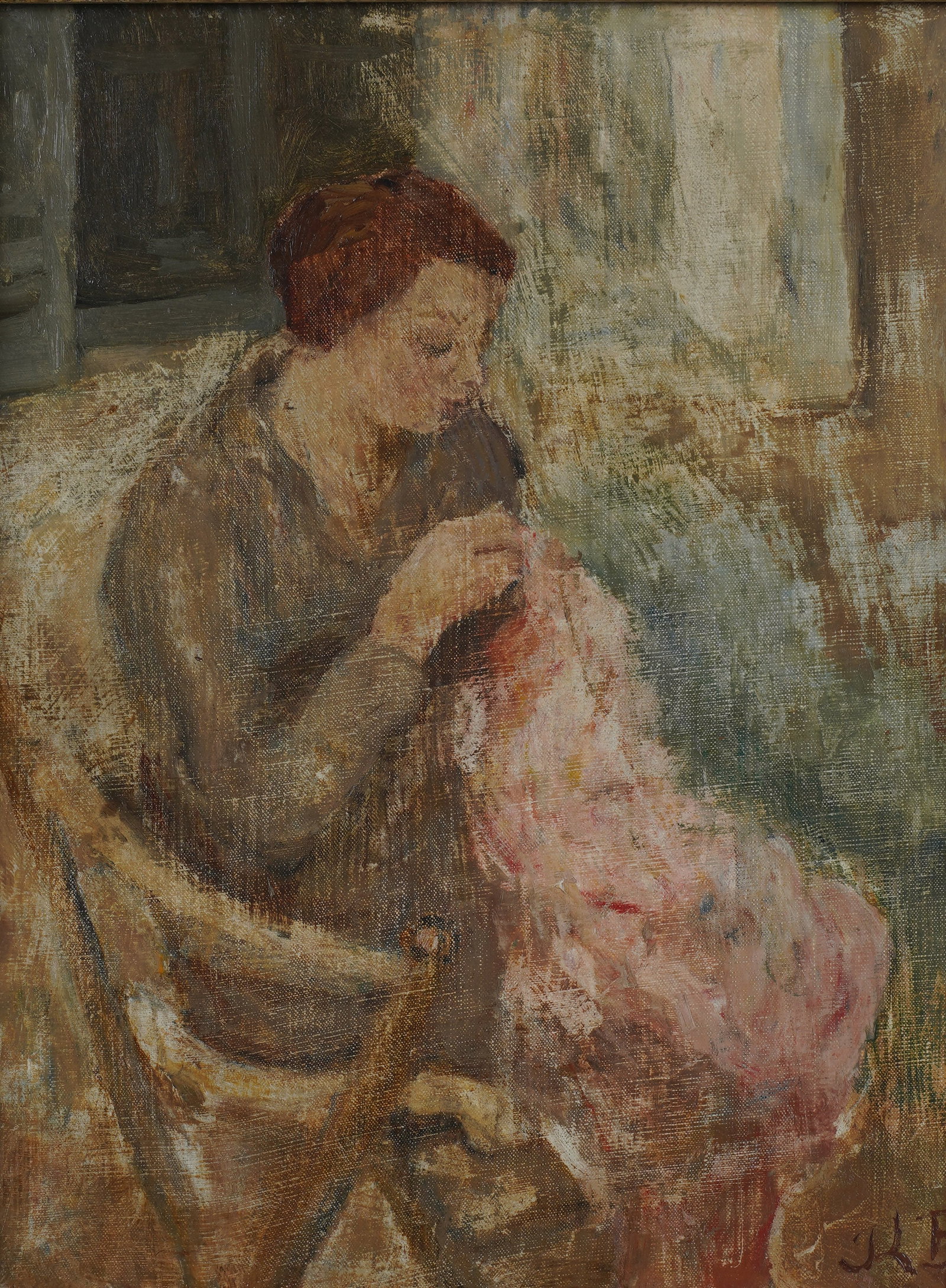 Jean-Louis Boussingault, France 1883-1943, Woman Sewing: oil on canvas signed to the lower right Canvas: 14 x 11 in. (35.6 x 27.9 cm.), Frame: 19 1/2 x 16 1/2 in. (49.5 x 41.9 cm.)