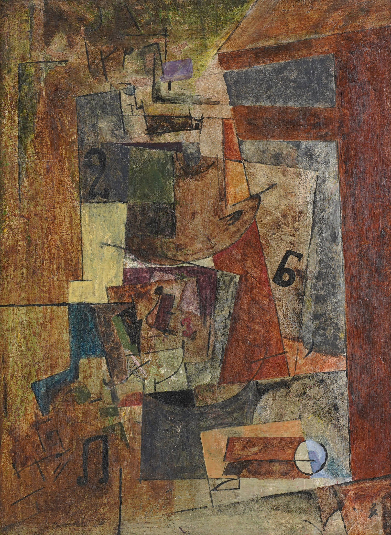 A Cubist Composition: Oil on artist board, no visible signature 15 3/4 x 12 in. (40 x 30.5 cm.), Frame: 19 x 14 3/4 in. (48.3 x 37.5 cm.)