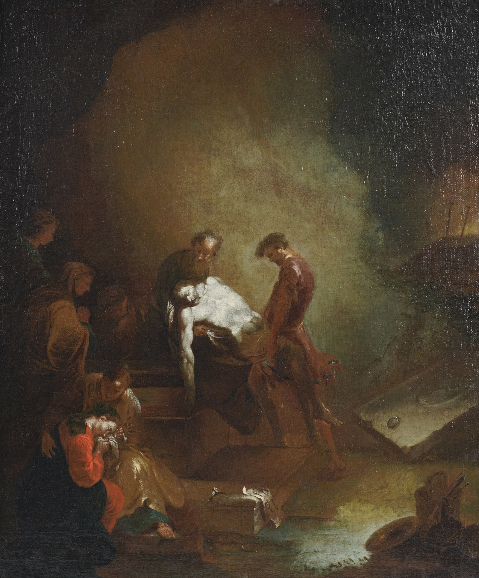 Italian School: 18th Century, The Entombment of Christ: no visible signature, bearing the imperial export wax seal of the C.R. Accademia di Milano per l'Esportazione to the verso 23 x 18 3/4 in. (58.4 x 47.6 cm.), Frame: 25 1/4 x 20 1/2 in. (64.1 x 52.1