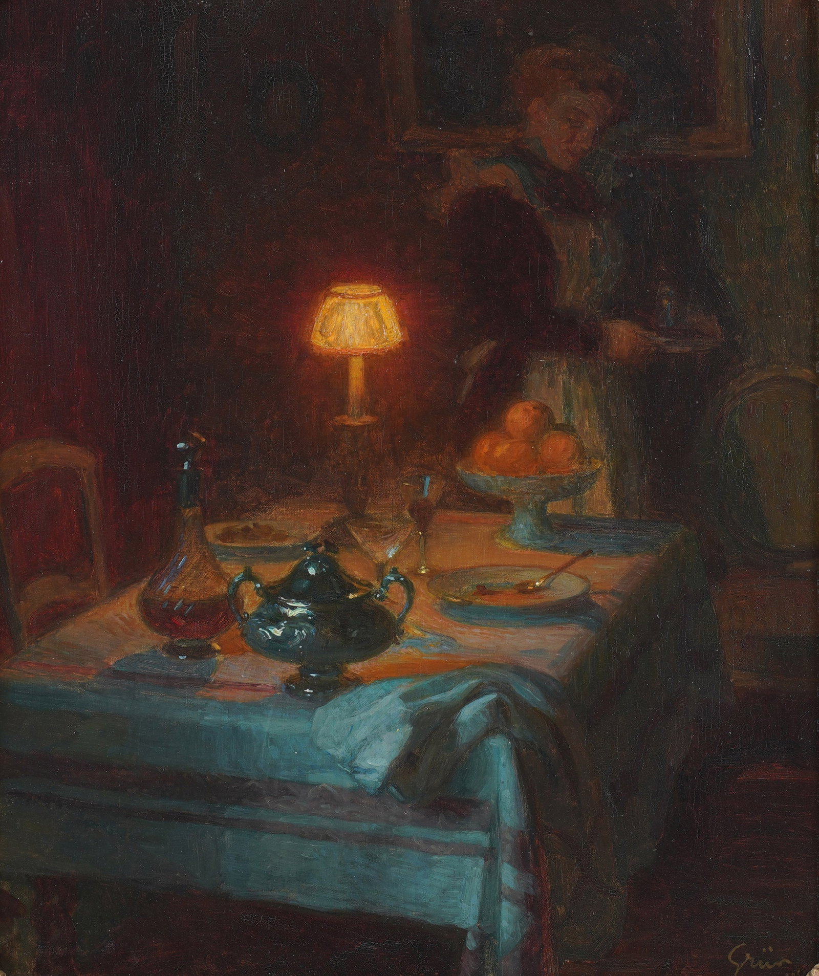 Jules-Alexandre Grun, 1868-1934, Interior Table Scene: oil on canvas signed to the lower right 18 1/4 x 15 in. (46.4 x 38.1 cm.), Frame: 24 3/4 x 22 in. (62.9 x 55.9 cm.)