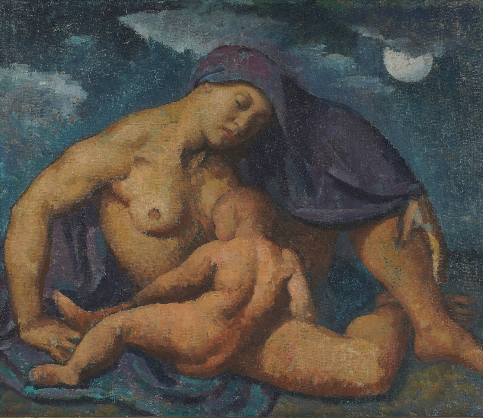 Mother and Child Under Moonlight: oil on canvas, signed illegibly to the lower right Canvas: 19 3/4 x 23.76 in. (50.2 x 60.4 cm.), Frame: 25 x 29 in. (63.5 x 73.7 cm.)