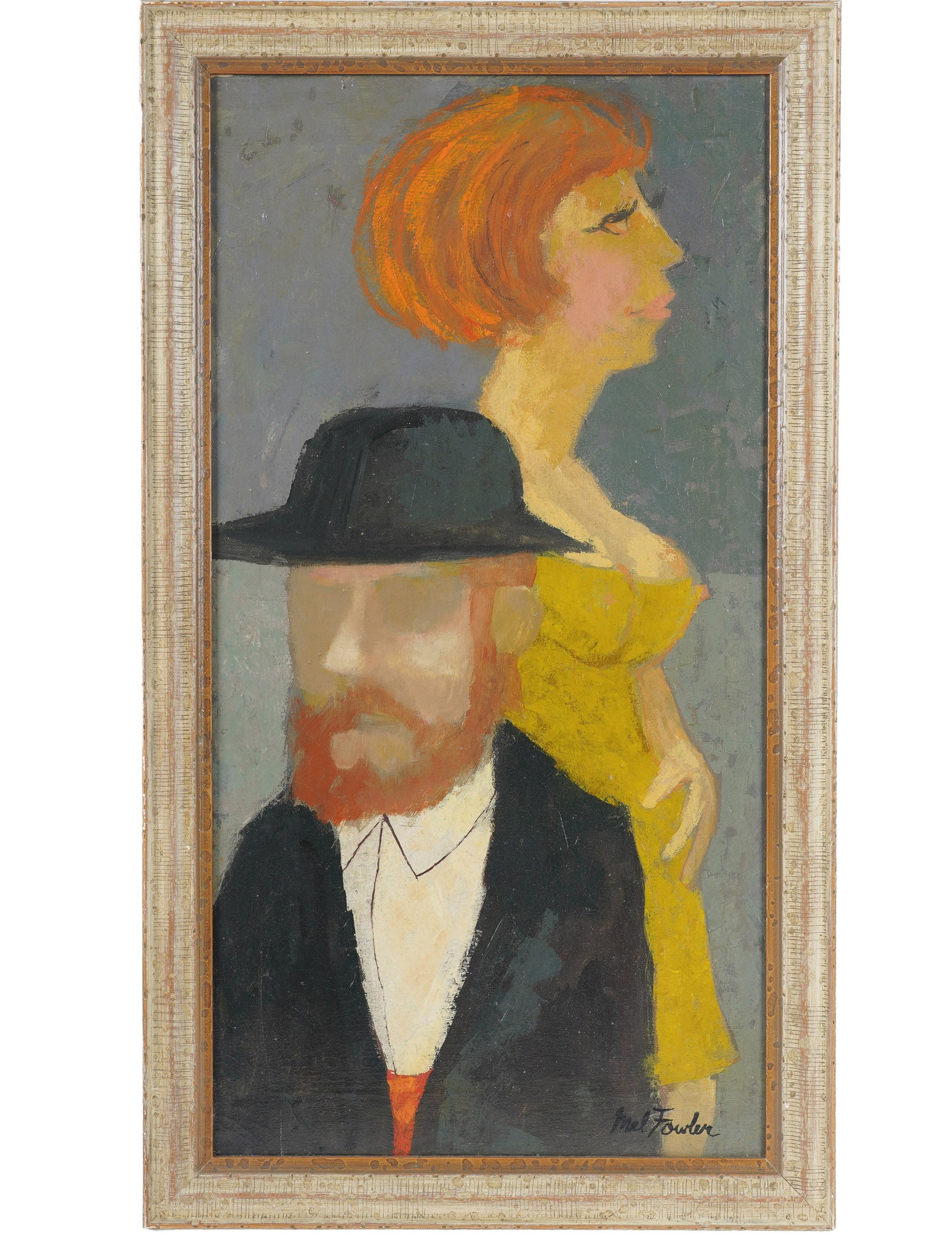 Mel Fowler, 1921-1987, Portrait of a Man and Woman: Oil on canvas signed to the lower right 28 x 14 3/4 in. (71.1 x 37.5 cm.), Frame: 31 1/4 x 17 3/4 in. (79.4 x 45.1 cm.)