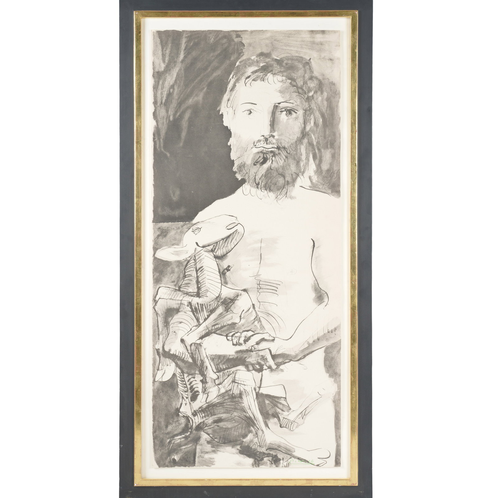Pablo Picasso, Spanish 1881-1973, Man with Lamb, Jacomet print: Jacomet print on Arches paper printed as a supplement to "La Flute Double" portfolio, Edition Vent d'Arles, Paris 37 3/4 x 16 in. (95.9 x 40.6 cm.), Frame: 43 1/2 x 21 1/2 in. (110.5 x 54.6 cm.)
