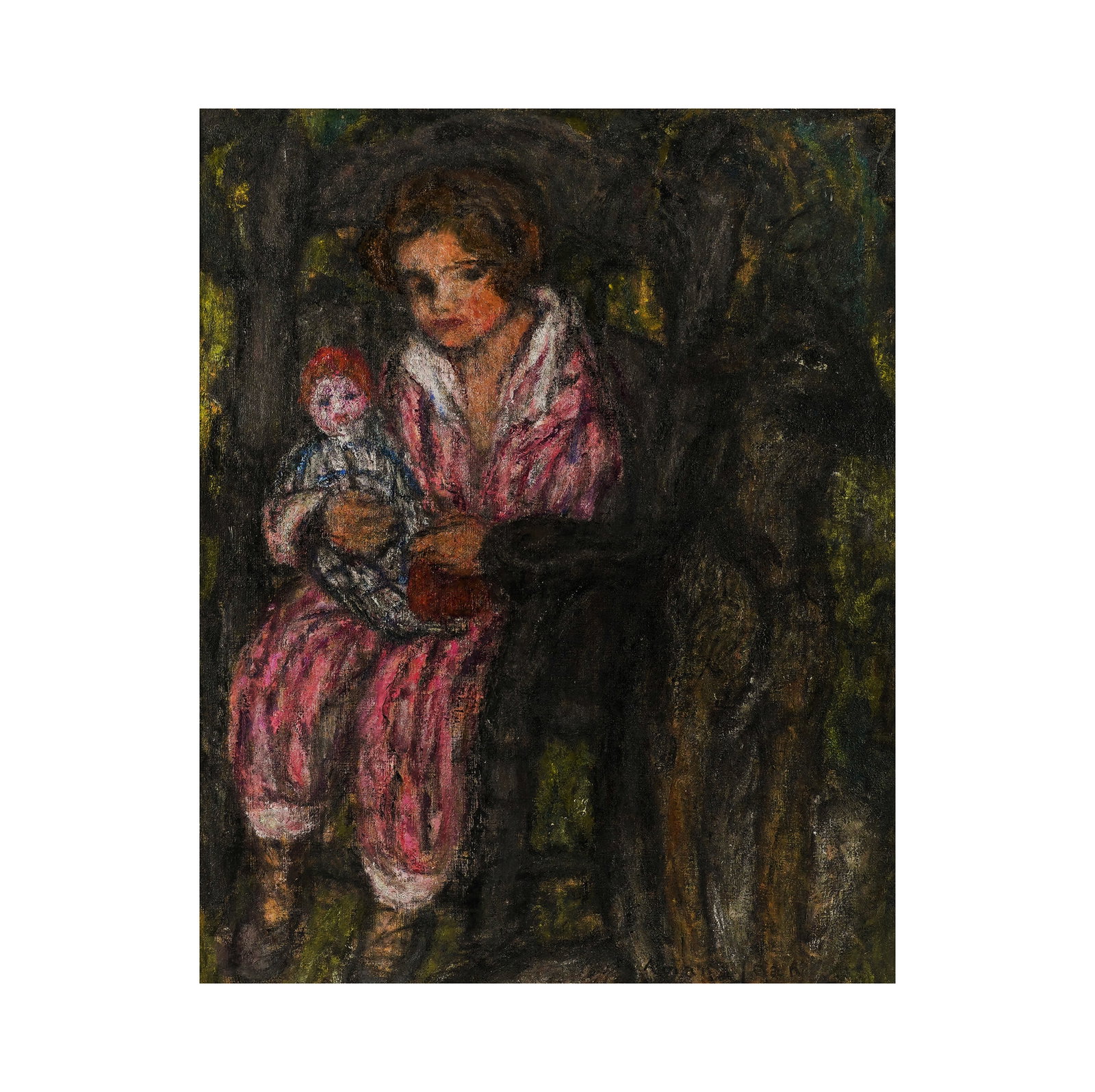 Edmond-Francois Aman-Jean, France 1860-1935, Girl with Doll and Dog: oil on canvas signed to the lower right 23 x 25 1/2 in. (58.4 x 64.8 cm.), Frame: 46 x 38 1/2 in. (116.8 x 97.8 cm.)