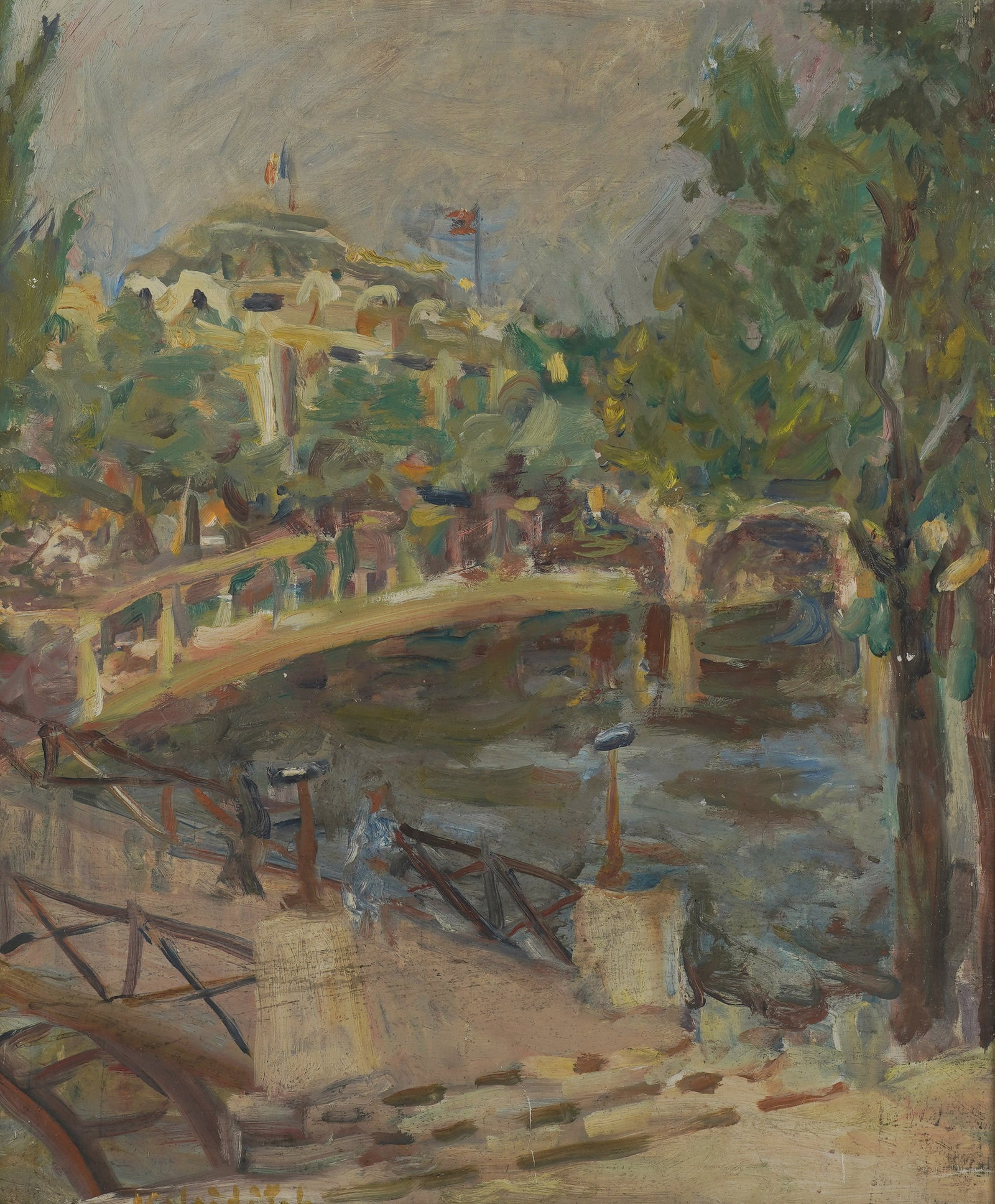 A Parisian Landscape with Figures: signed illegibly to the lower left 24 x 20 in. (61 x 50.8 cm.), Frame: 31 1/2 x 27 in. (80 x 68.6 cm.)