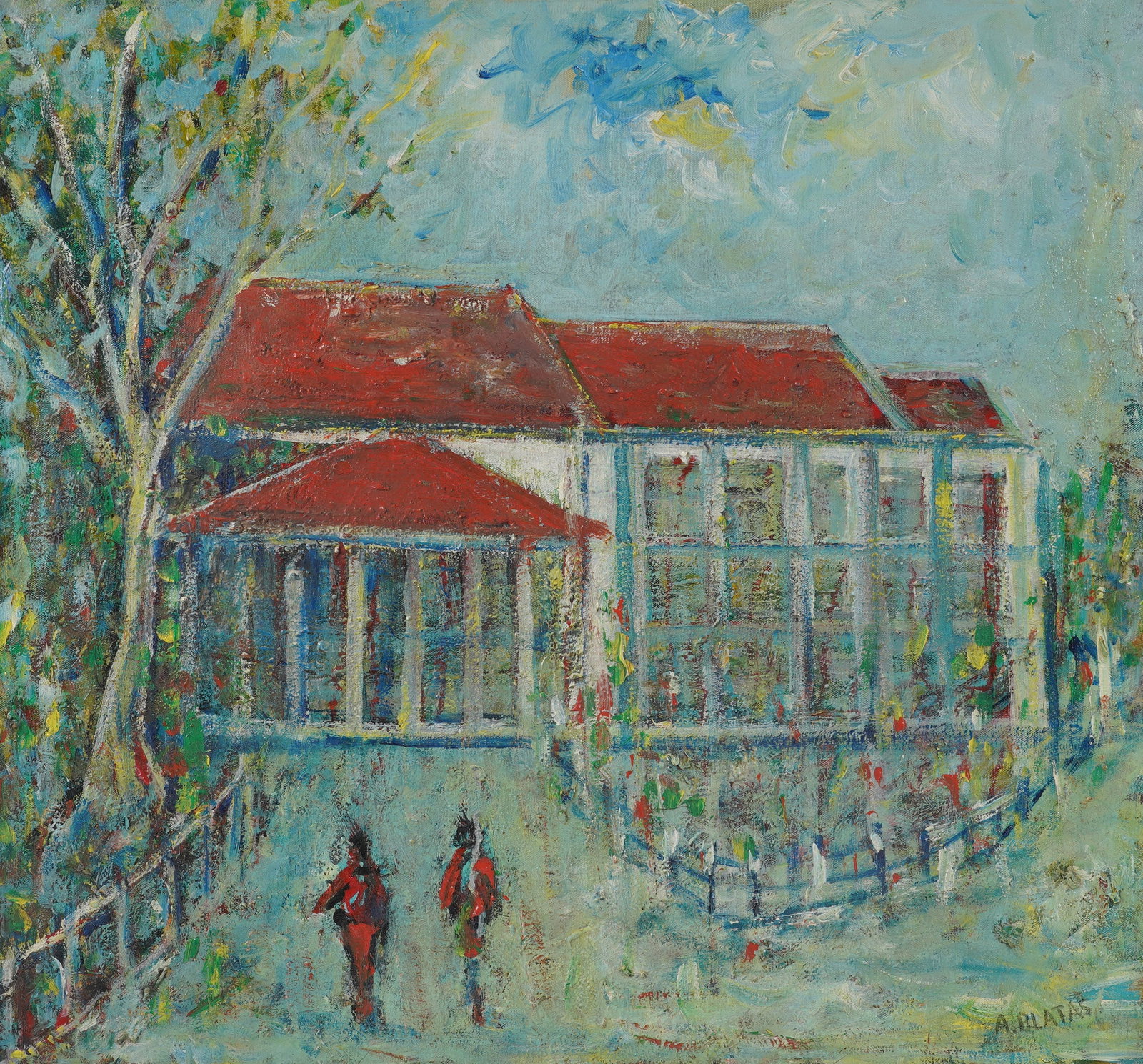Arbit Blatas, American/Lithuanian 1908-1999, Landscape with House and Figures: Oil on canvas signed to the lower right 26 x 28 in. (66 x 71.1 cm.), Frame: 27 x 29 in. (68.6 x 73.7 cm.)
