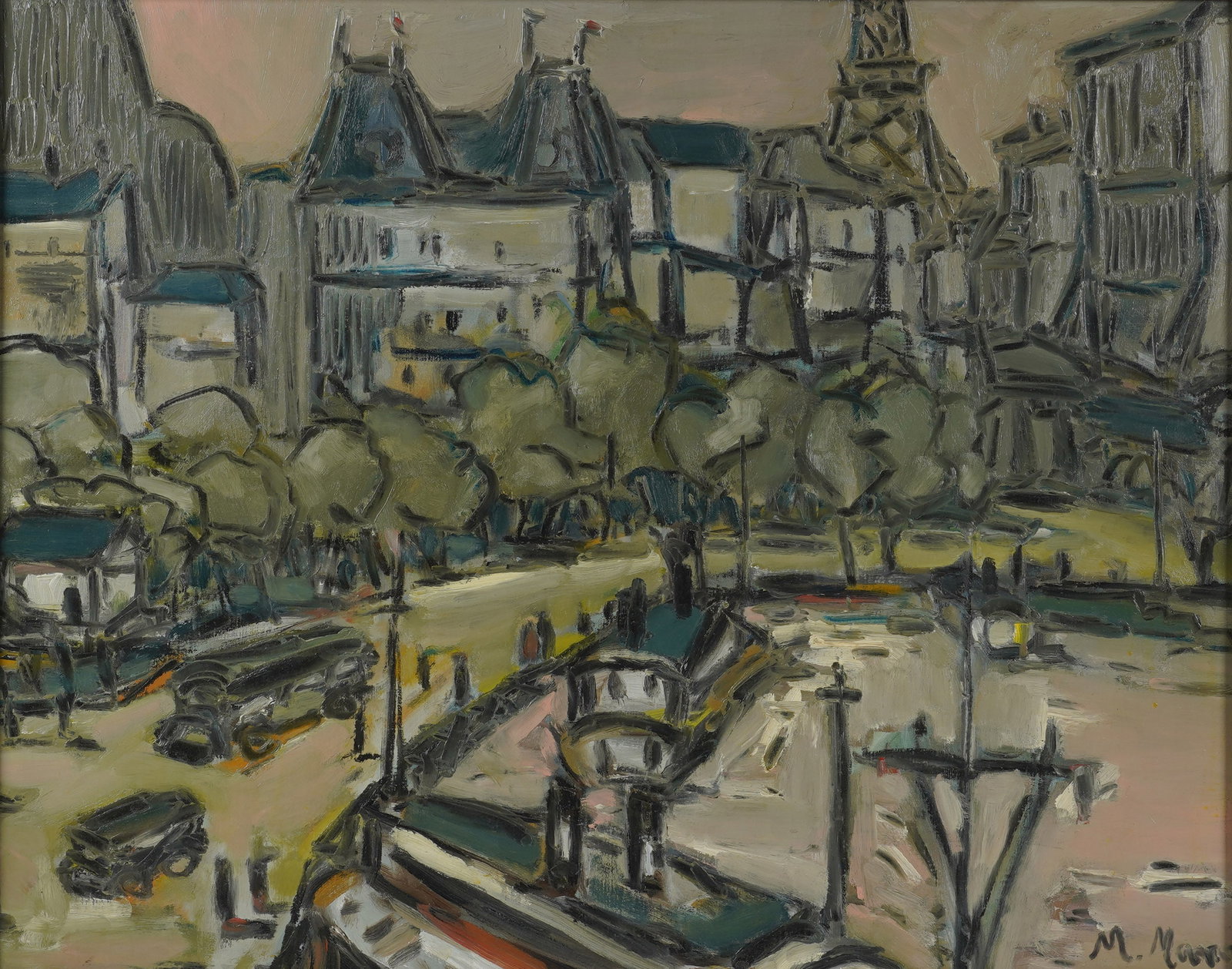 Mania Mavro, 1889-1969, Parisian Cityscape: Oil on canvas signed to the lower right 25 3/4 x 32 1/4 in. (65.4 x 81.9 cm.), Frame: 33 x 39 1/4 in. (83.8 x 99.7 cm.)