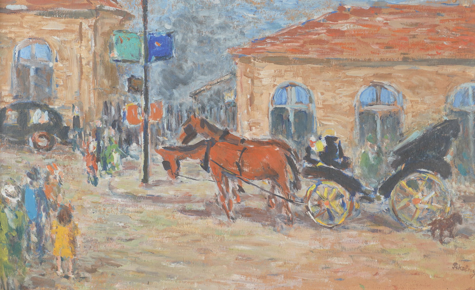Robert Pikelny, Polish 1904-1986, La petite gare: oil on Masonite Signed to the lower left, signed and titled on verso 18 x 29 in. (45.7 x 73.7 cm.), Frame: 25 3/4 x 36 3/4 in. (65.4 x 93.3 cm.)