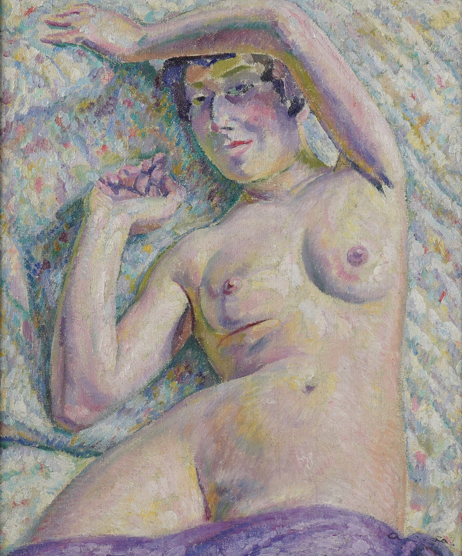 Augustin Carrera, 1878-1952, Lounging Nude: Oil on canvas Signed to the lower right 21 3/4 x 18 1/4 in. (55.2 x 46.4 cm.), Frame: 30 3/4 x 27 in. (78.1 x 68.6 cm.)