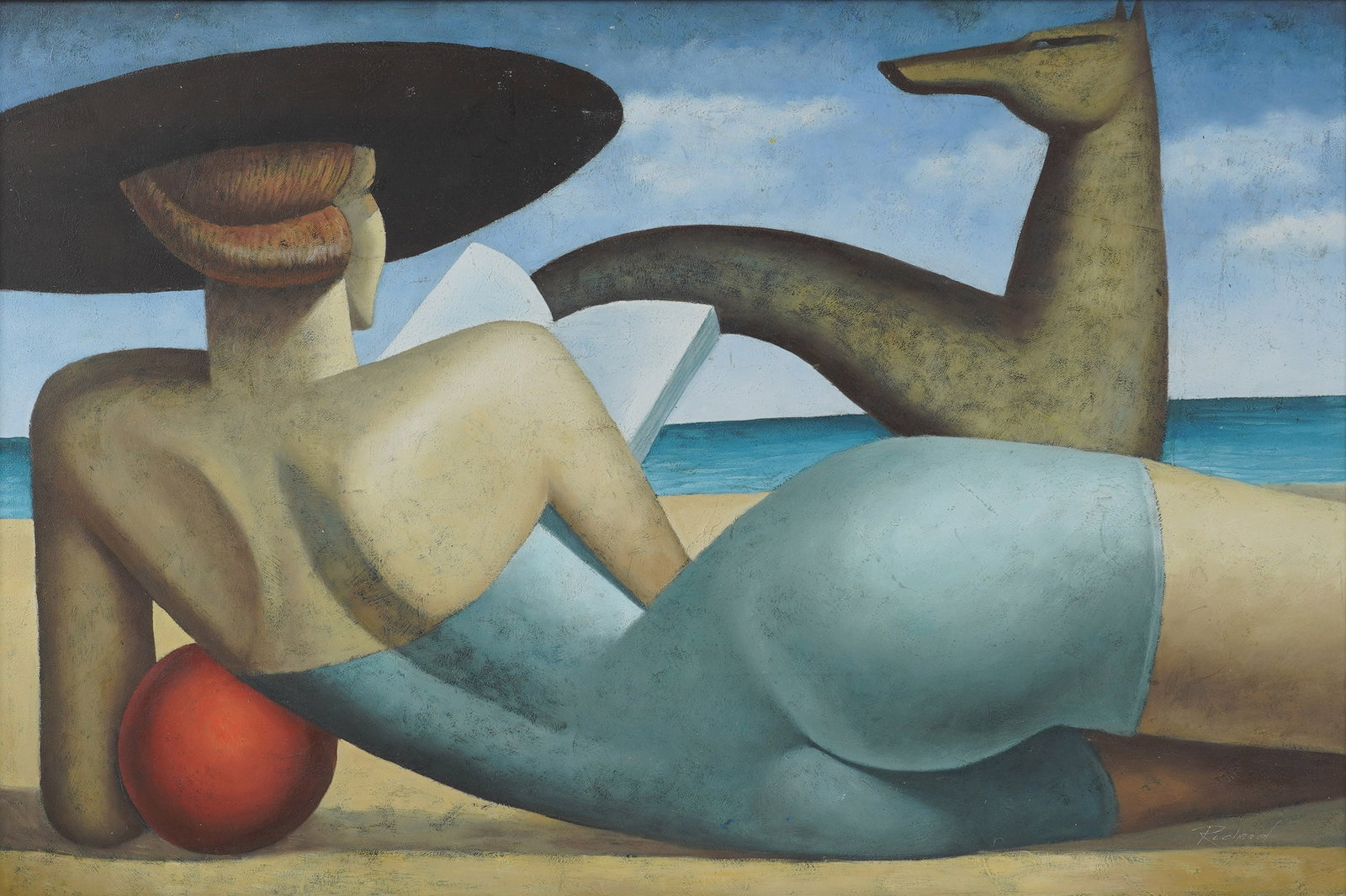 Woman Reading on the Beach: Oil on canvas, signed to the lower right 24 x 36 in. (61 x 91.4 cm.), Frame: 31 x 42 3/4 in. (78.7 x 108.6 cm.)