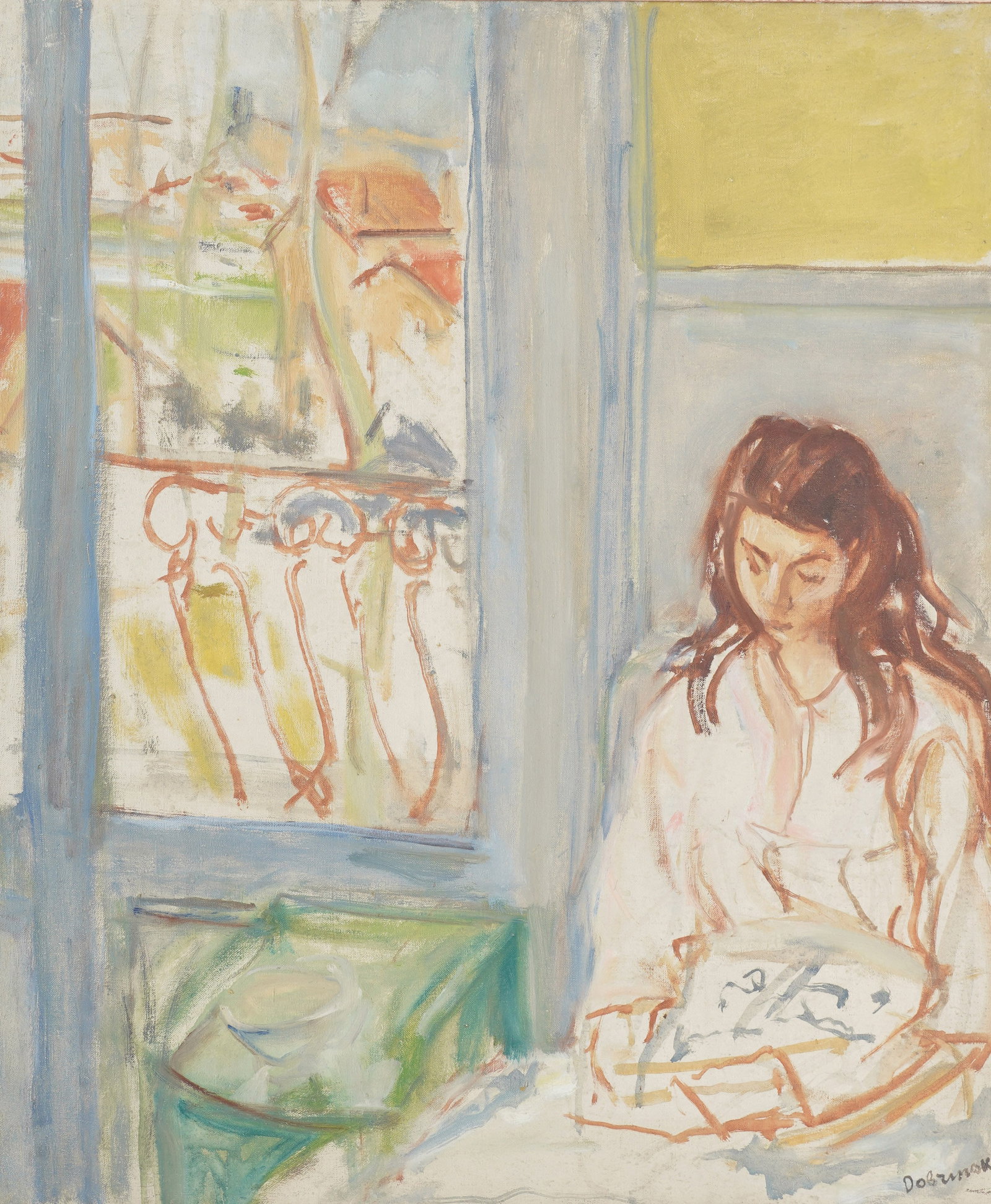 Isaac Dobrinsky, 1891-1973, Fillette pensive: Oil on canvas 1950/51, sighed to the lower right, signed, dated and titled on verso 29 x 24 in. (73.7 x 61 cm.), Frame: 36 x 31 in. (91.4 x 78.7 cm.)