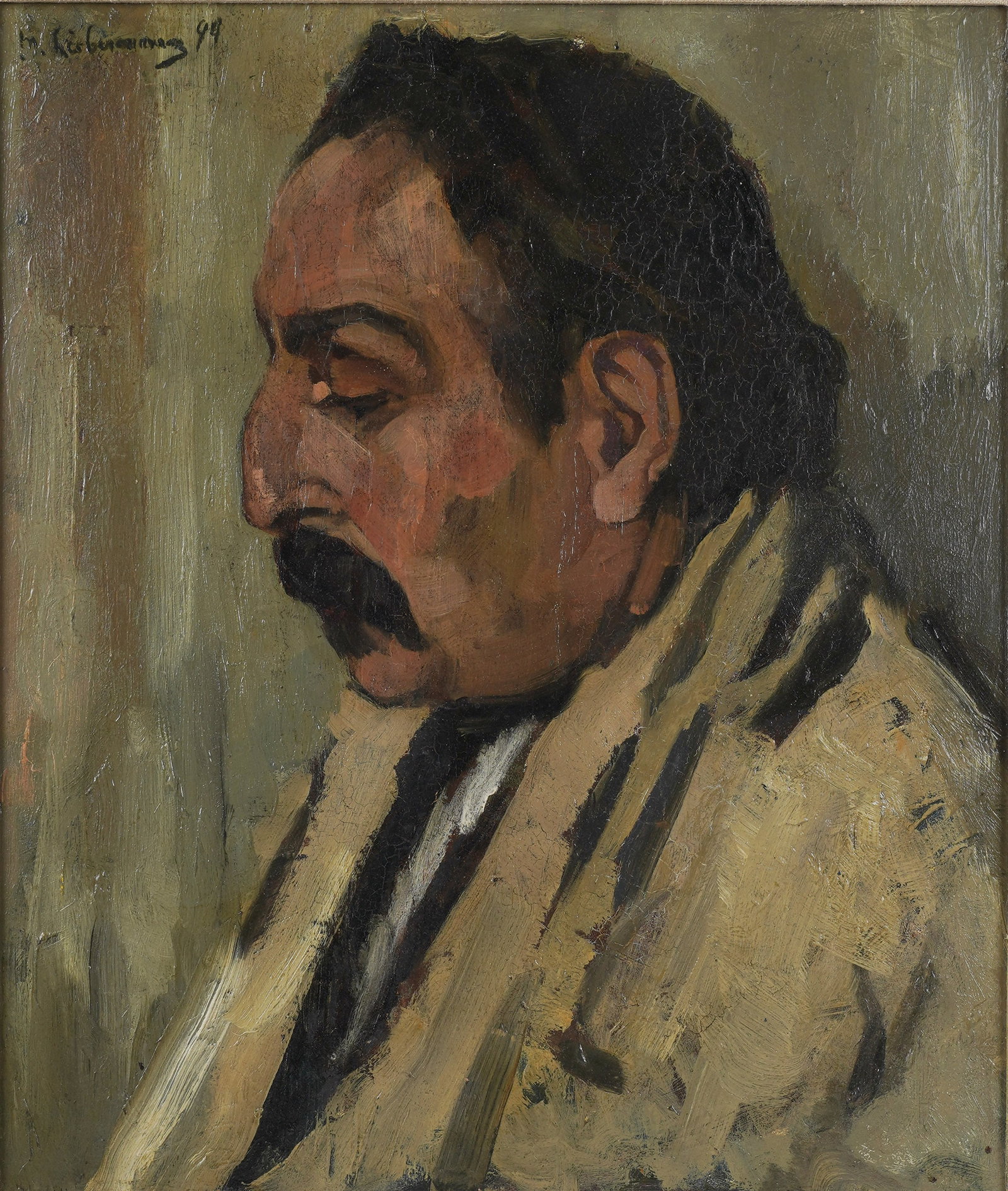Max Liebermann, German 1847-1935, A Portrait of a Man: Oil on artist board signed and dated to the upper left 18 x 15 in. (45.7 x 38.1 cm.), Frame: 25 1/4 x 22 1/2 in. (64.1 x 57.2 cm.)