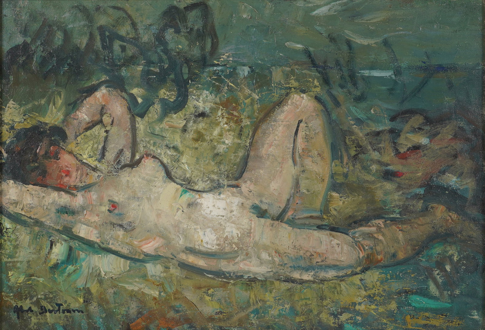 Abel Bertram, 1871-1954, Reclining Nude: oil on canvas signed to the lower left 15 x 21 3/4 in. (38.1 x 55.2 cm.), Frame: 20 1/4 x 27 in. (51.4 x 68.6 cm.)