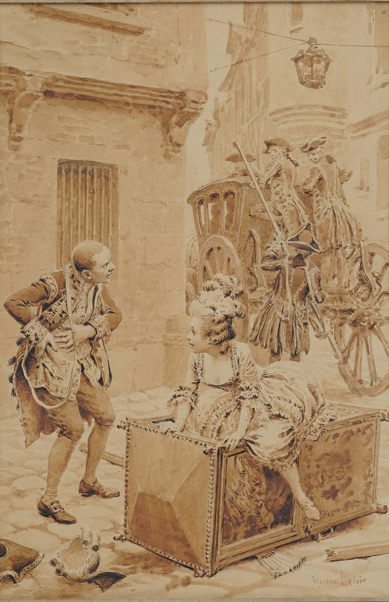 Maurice Leloir, 1853-1940, An Unexpected Meeting: watercolor and ink on paper signed to the lower right Sight: 9 3/4 x 6 3/4 in. (24.8 x 17.1 cm.), Frame: 16 x 12 1/2 in. (40.6 x 31.8 cm.)
