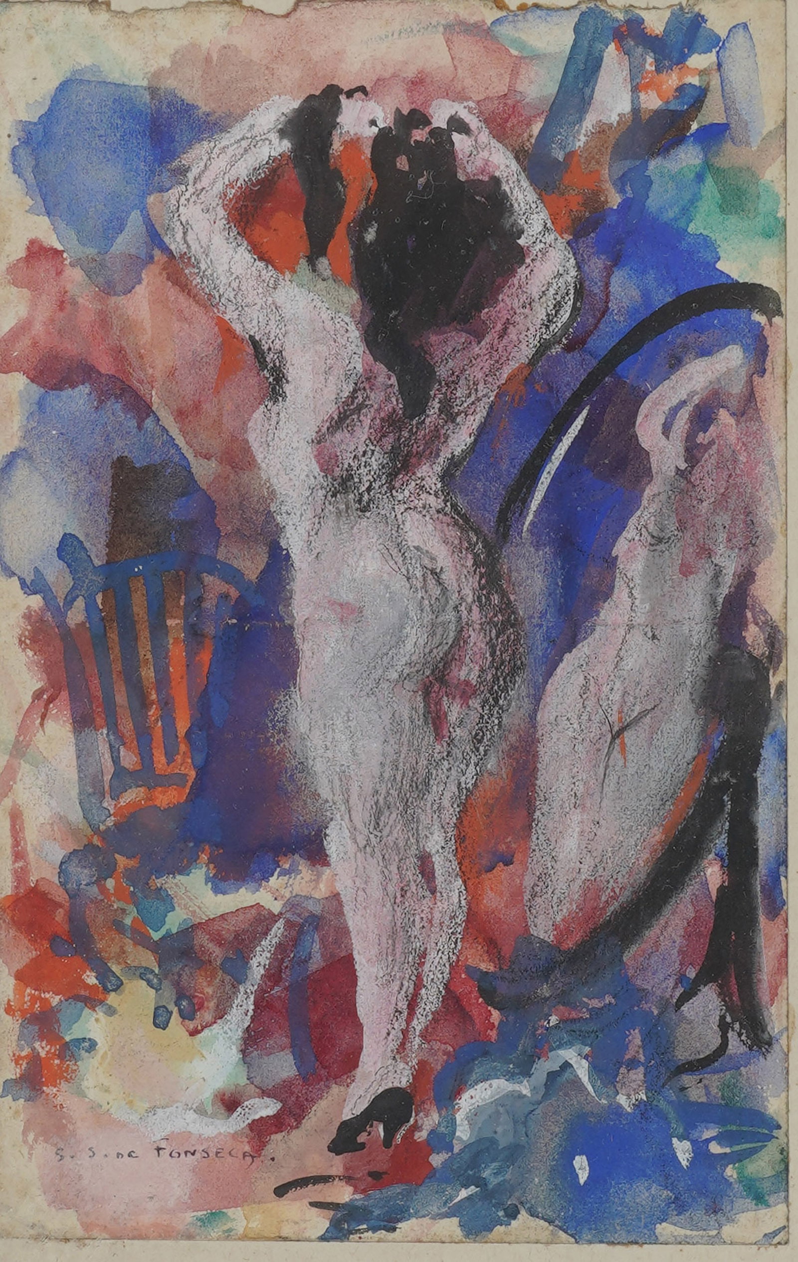 A Study of a Nude with Mirror: Gouache on paper, signed Fonseca to the lower left Sight: 6 1/4 x 3 3/4 in. (15.9 x 9.5 cm.), Frame: 11 x 8 3/4 in. (27.9 x 22.2 cm.)