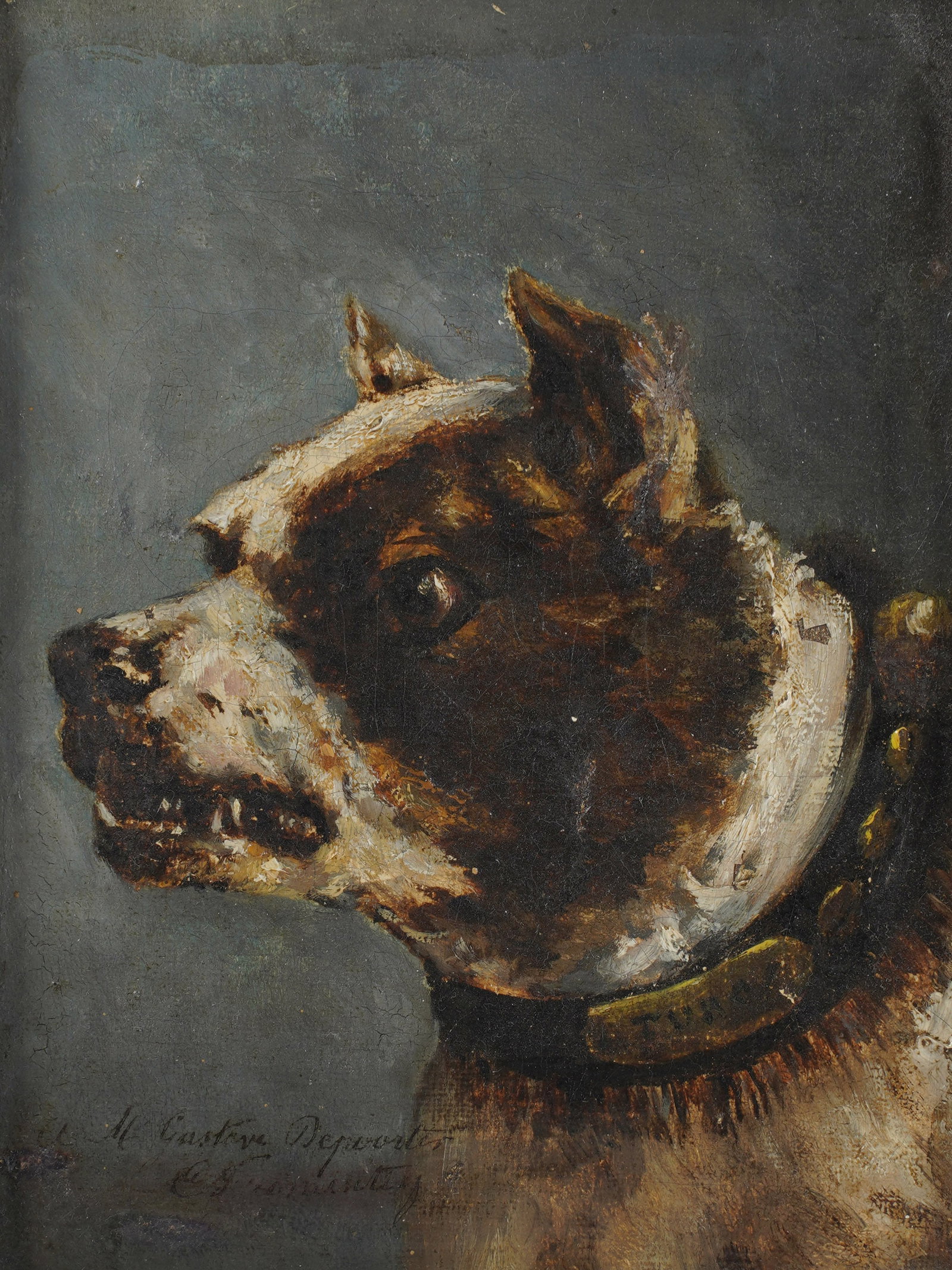 Jules Chardigny, 1842-1892, Portrait of a Dog: Oil on canvas signed to the lower left 8 1/2 x 6 1/2 in. (21.6 x 16.5 cm.), Frame: 12 3/4 x 10 1/2 in. (32.4 x 26.7 cm.)