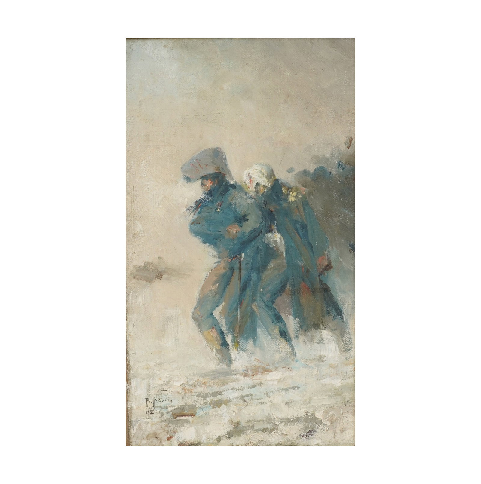 Bernard Naudin, 1876-1946, Le Grognard et le Conscrit: oil on artist board 1898, signed and dated to the lower left, board: 12 3/4 x 7 3/4 in. (32.4 x 19.7 cm.), Frame: 16 x 11 in. (40.6 x 27.9 cm.)