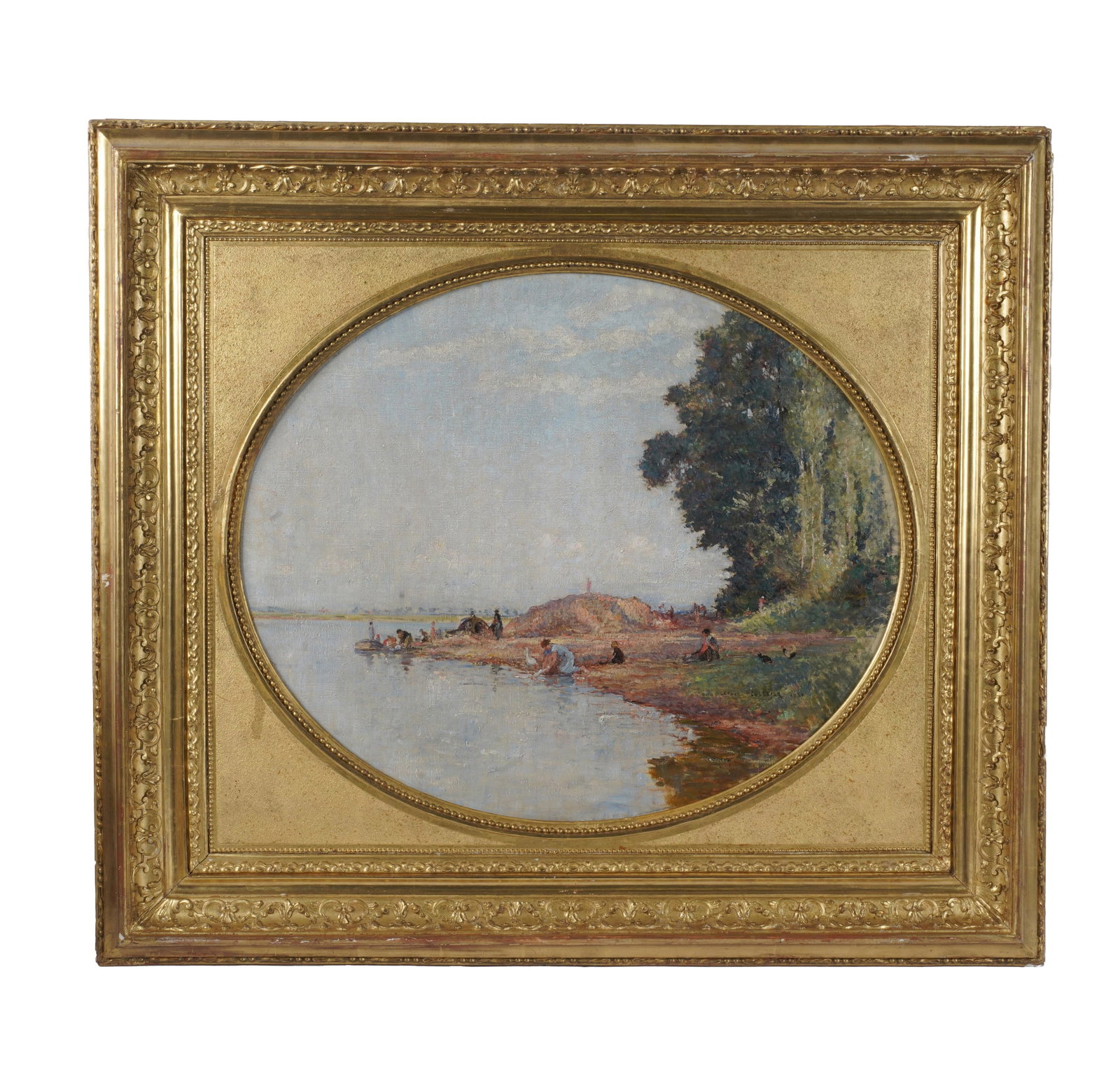 Leonce Pelletier, 1869-1950, LavandiÃ¨res au bord de L'eau: oil on canvas 1936, signed and dated to the lower right, a 19th-century portrait on verso Canvas: 25 3/4 x 21 1/4 in. (65.4 x 54 cm.), Frame: 36 x 32 in. (91.4 x 81.3 cm.)