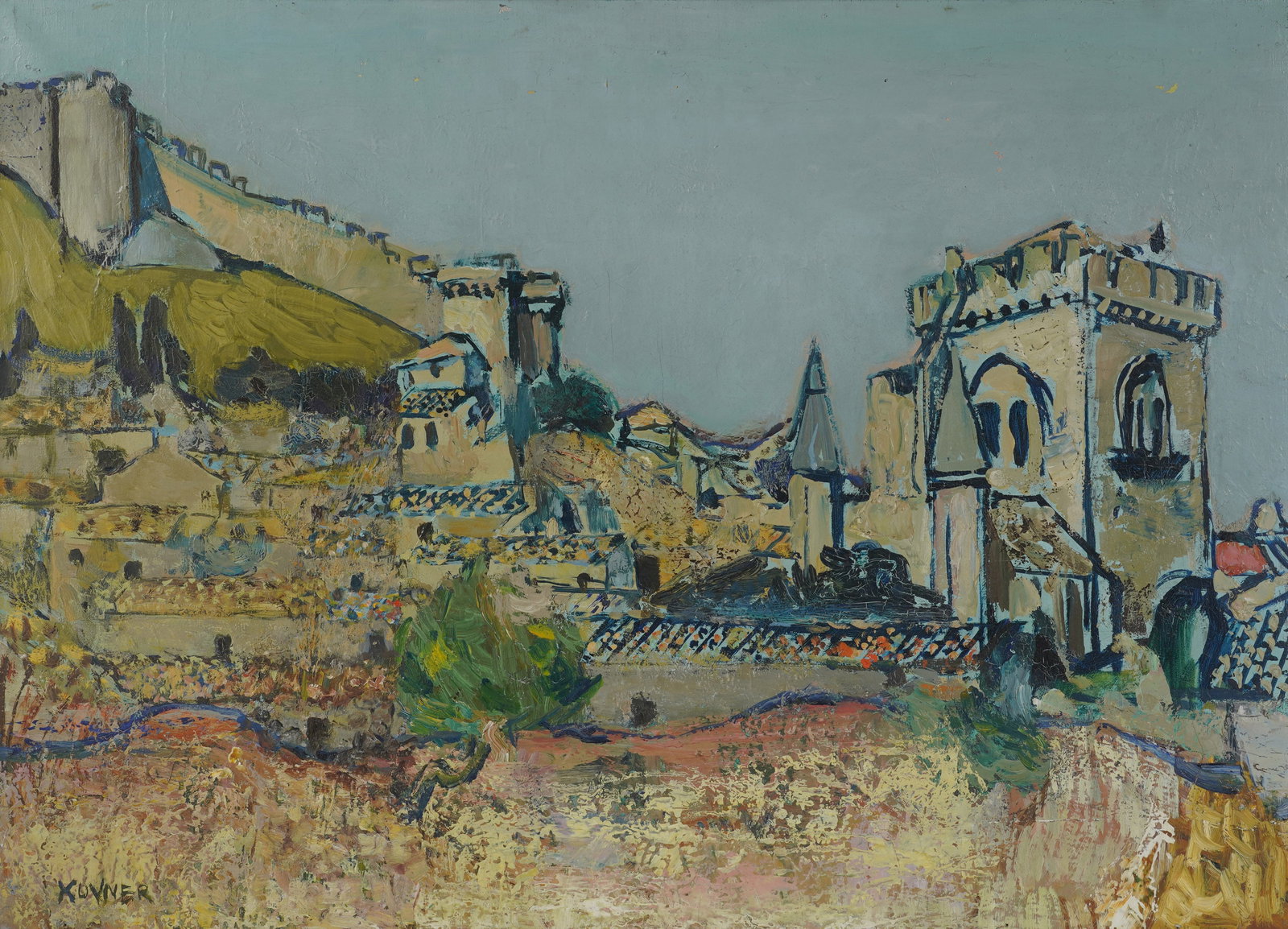 Theodore Kovner, Landscape with Castle: Oil on canvas Signed to the lower right, Angle du Faubourg gallery label on verso Canvas: 21 1/4 x 29 in. (54 x 73.7 cm.), Frame: 28 x 35 3/4 in. (71.1 x 90.8 cm.)