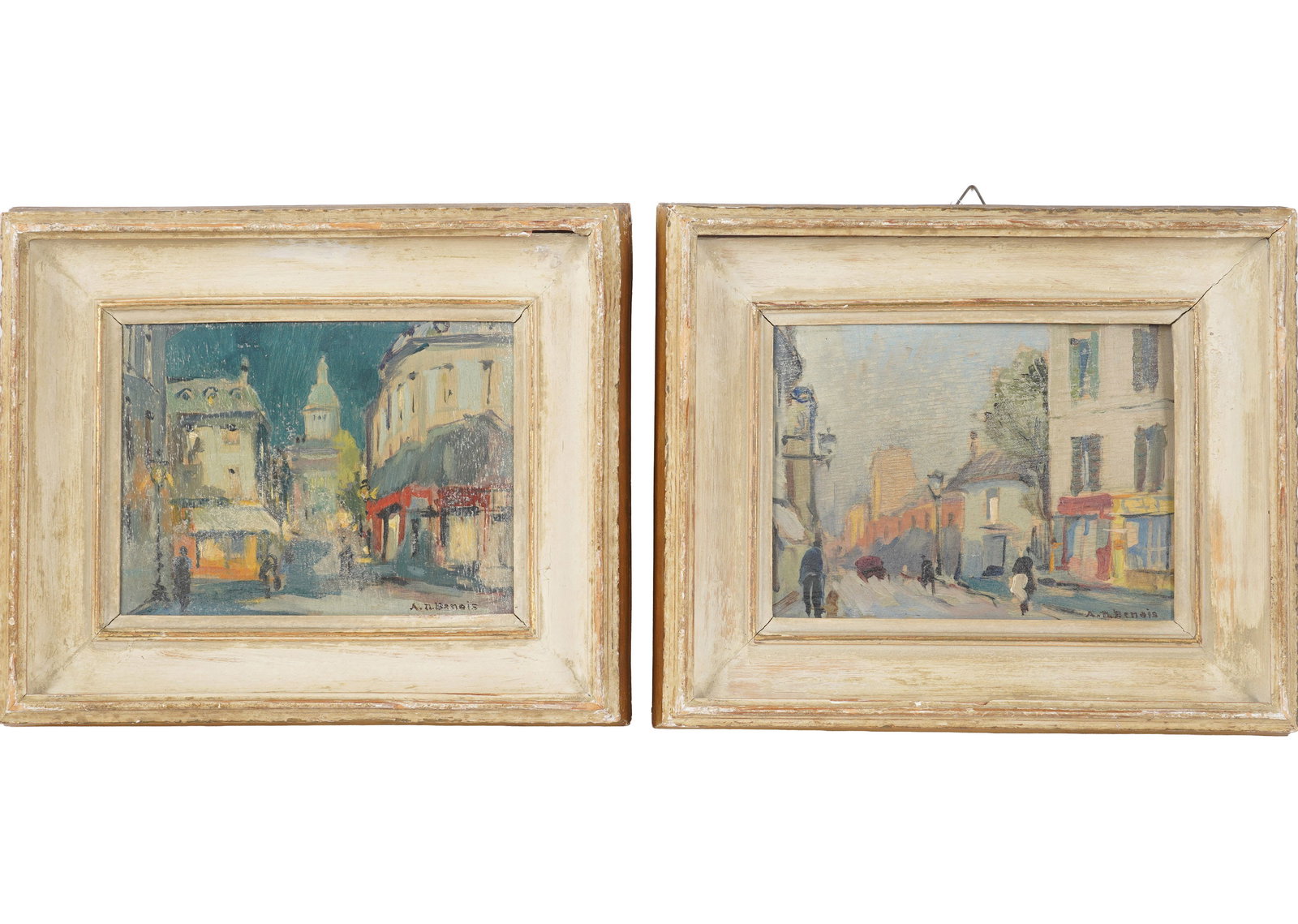 Alexandre Nikolaevich Benois, 1870-1960, A Pair of Street Scenes, Montmartre: Jour et Nuit: Oil on board 1927, both signed to the lower right, titled and dated on verso Panel: 6 x 8 in. (15.2 x 20.3 cm.), Frame: 10 1/4 x 12 1/4 in. (26 x 31.1 cm.)