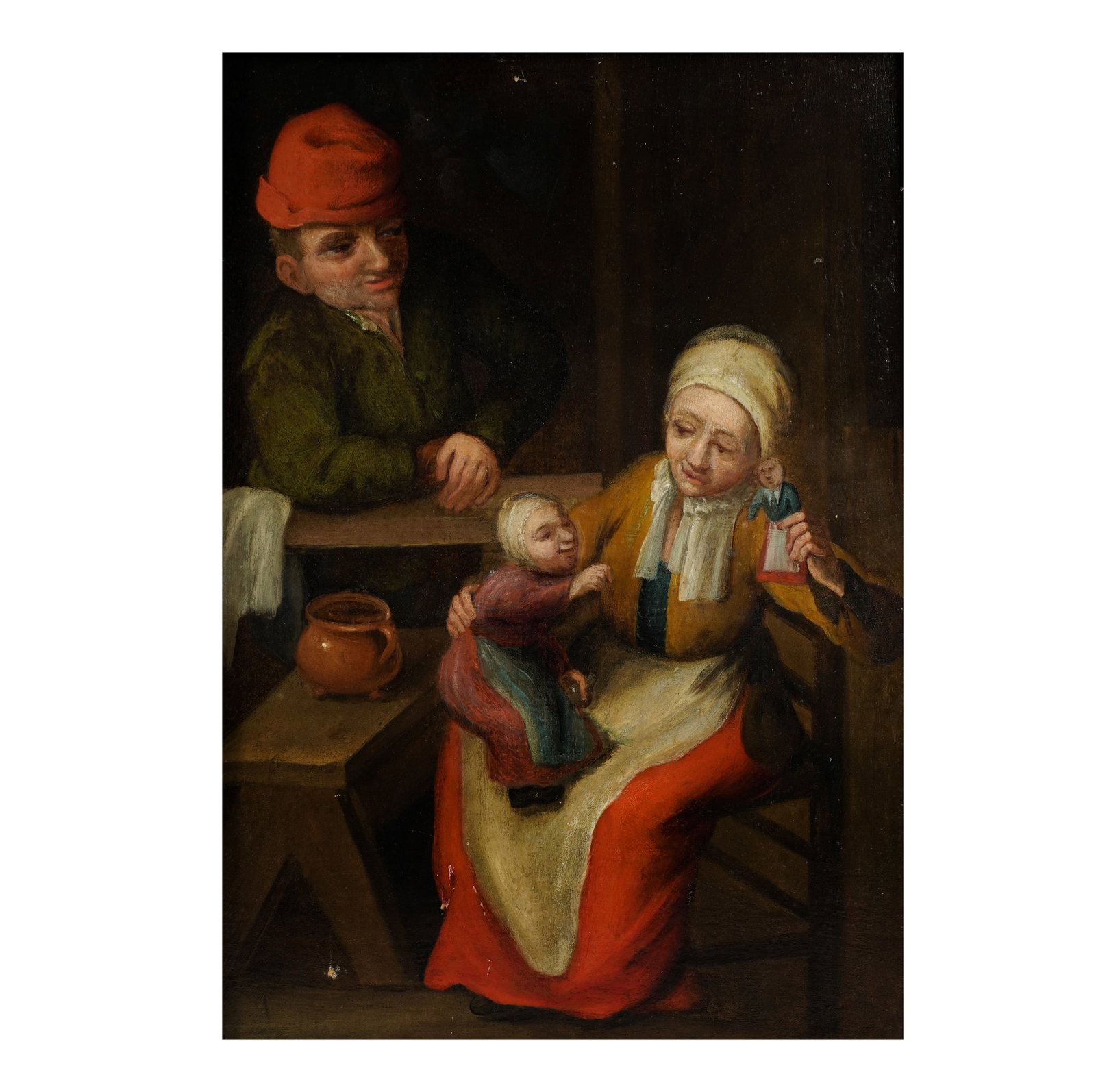 A Dutch School Interior Scene: oil on board, no signature visible 16 x 11 in. (40.6 x 27.9 cm.), Frame: 21 1/4 x 16 3/4 in. (54 x 42.5 cm.)