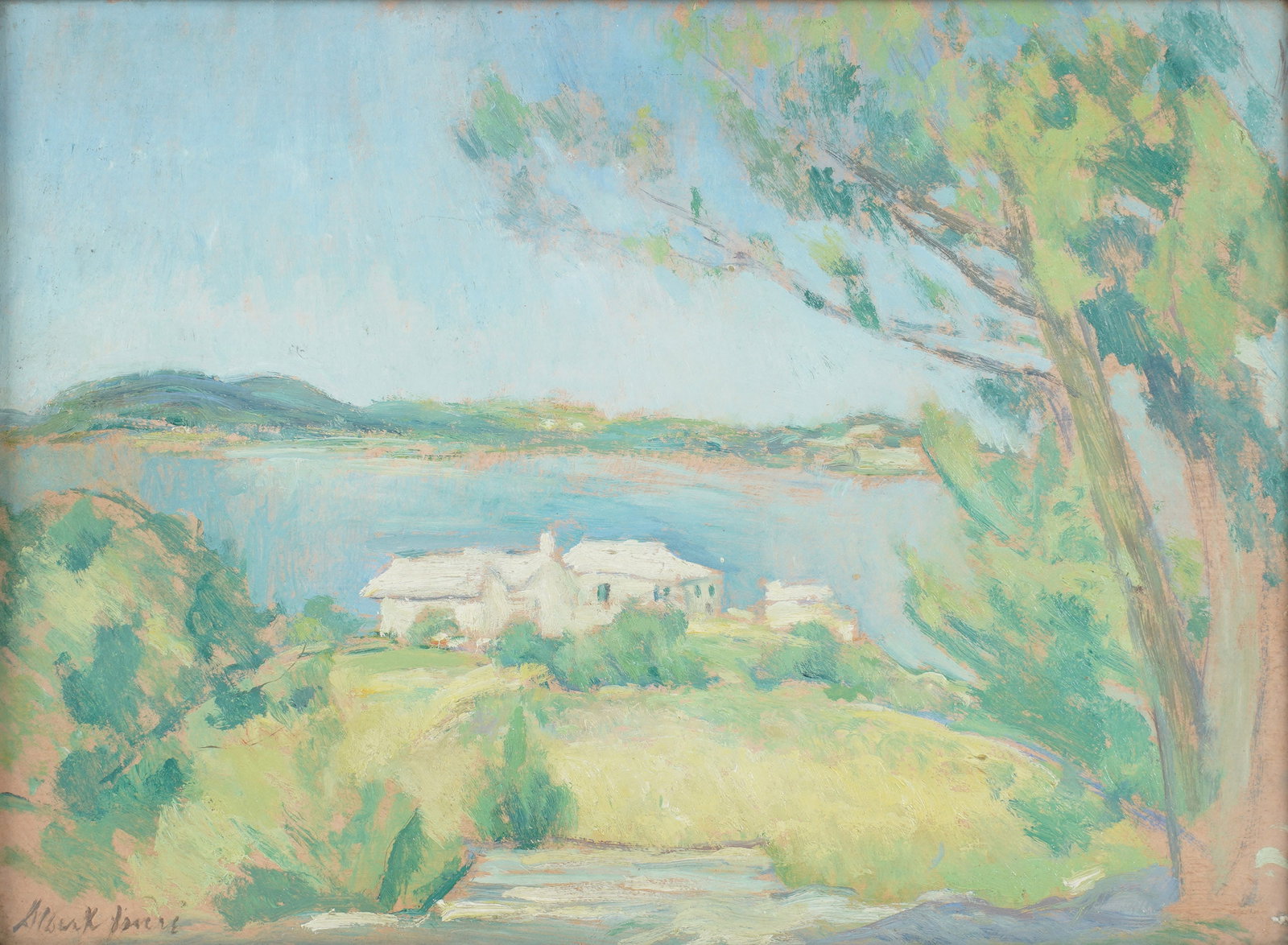 Landscape with Lake: oil on artist board, signed illegibly to the lower left Sight: 11 1/4 x 15 1/2 in. (28.6 x 39.4 cm.), Frame: 14 1/4 x 18 1/2 in. (36.2 x 47 cm.)
