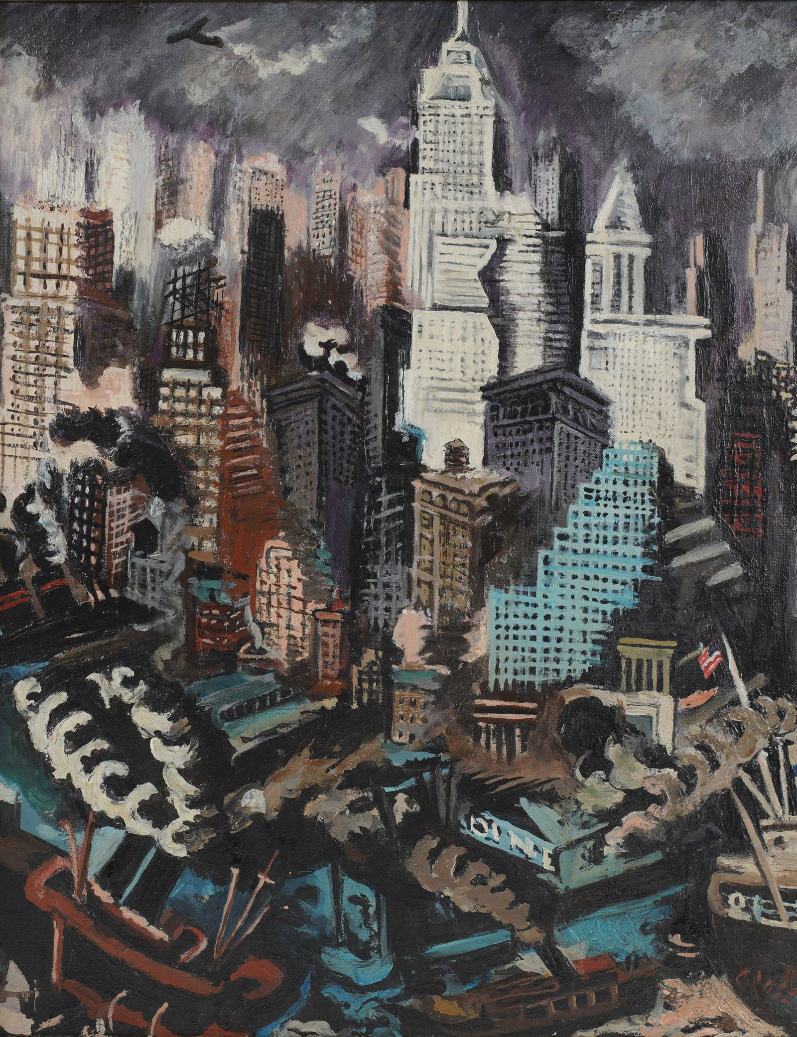 Cityscape Painting: oil on artist board, signed illegibly to the lower right 20 x 16 in. (50.8 x 40.6 cm.), Frame: 23 1/2 x 19 3/4 in. (59.7 x 50.2 cm.)