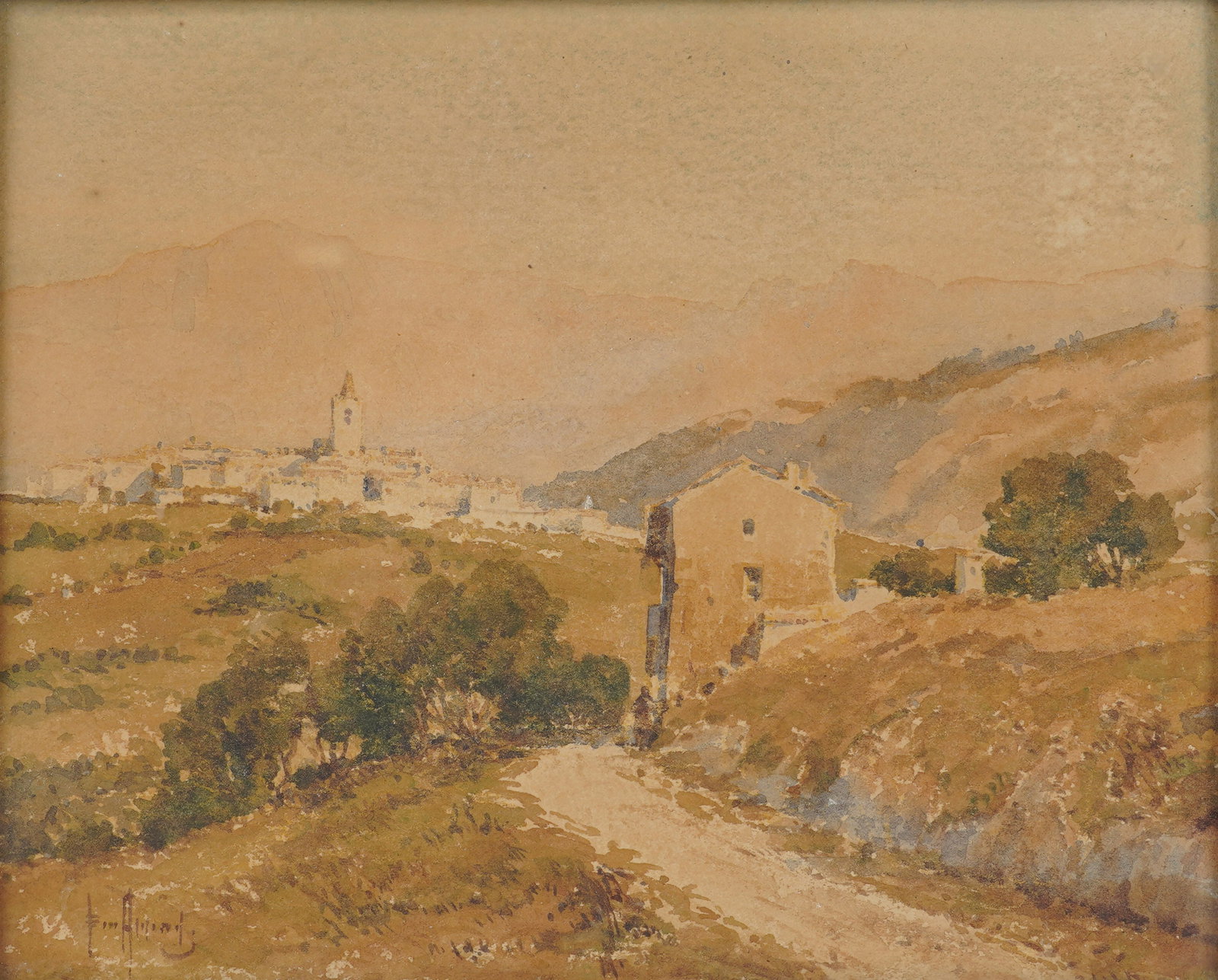 A European Landscape: Watercolor on paper, signed to the lower left illegibly Sight: 10 3/4 x 8 3/4 in. (27.3 x 22.2 cm.), Frame: 10 1/2 x 12 1/2 in. (26.7 x 31.8 cm.)
