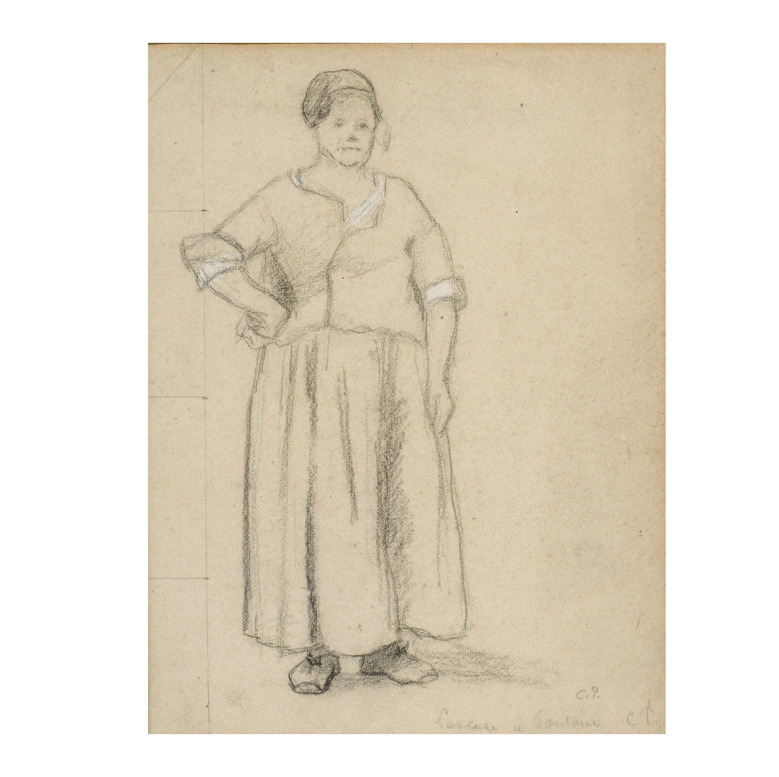 Camille Pissarro, French 1830-1903, Laundress at Pontoise: pencil on paper Signed and titled to the lower right, Hammer Galleries label on verso Sight: 11 3/4 x 9 in. (29.8 x 22.9 cm.), Frame: 22 1/4 x 18 1/2 in. (56.5 x 47 cm.)