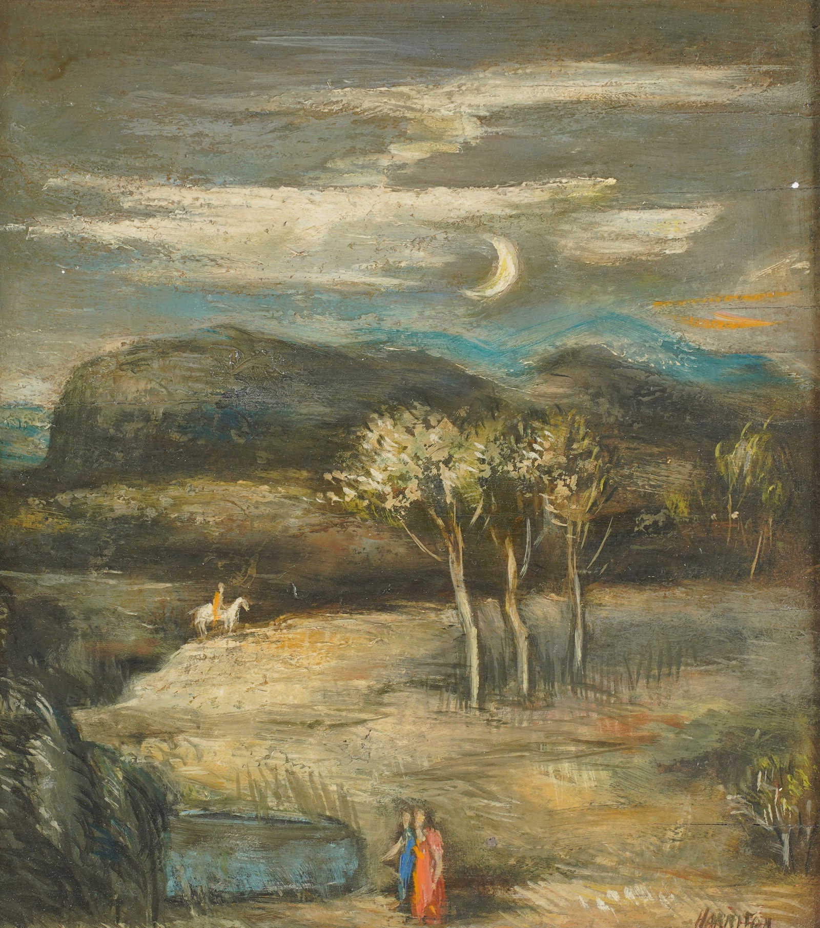Abraham Harriton, American 1893-1986, Rendezvous: oil on artist board Signed to the lower right, ACA gallery label on verso 10 3/4 x 10 in. (27.3 x 25.4 cm.), Frame: 15 1/2 x 14 1/4 in. (39.4 x 36.2 cm.)