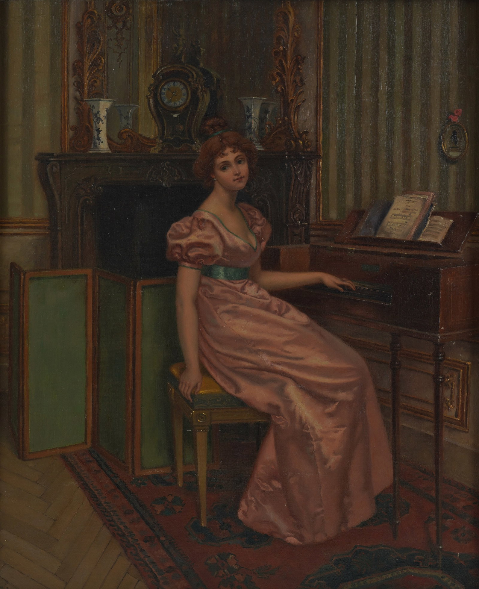 Carl Leopold Voss, Lady at Spinet: oil on canvas signed to the lower left Canvas: 18 1/2 x 15 in. (47 x 38.1 cm.), Frame: 24 1/2 x 21 in. (62.2 x 53.3 cm.)
