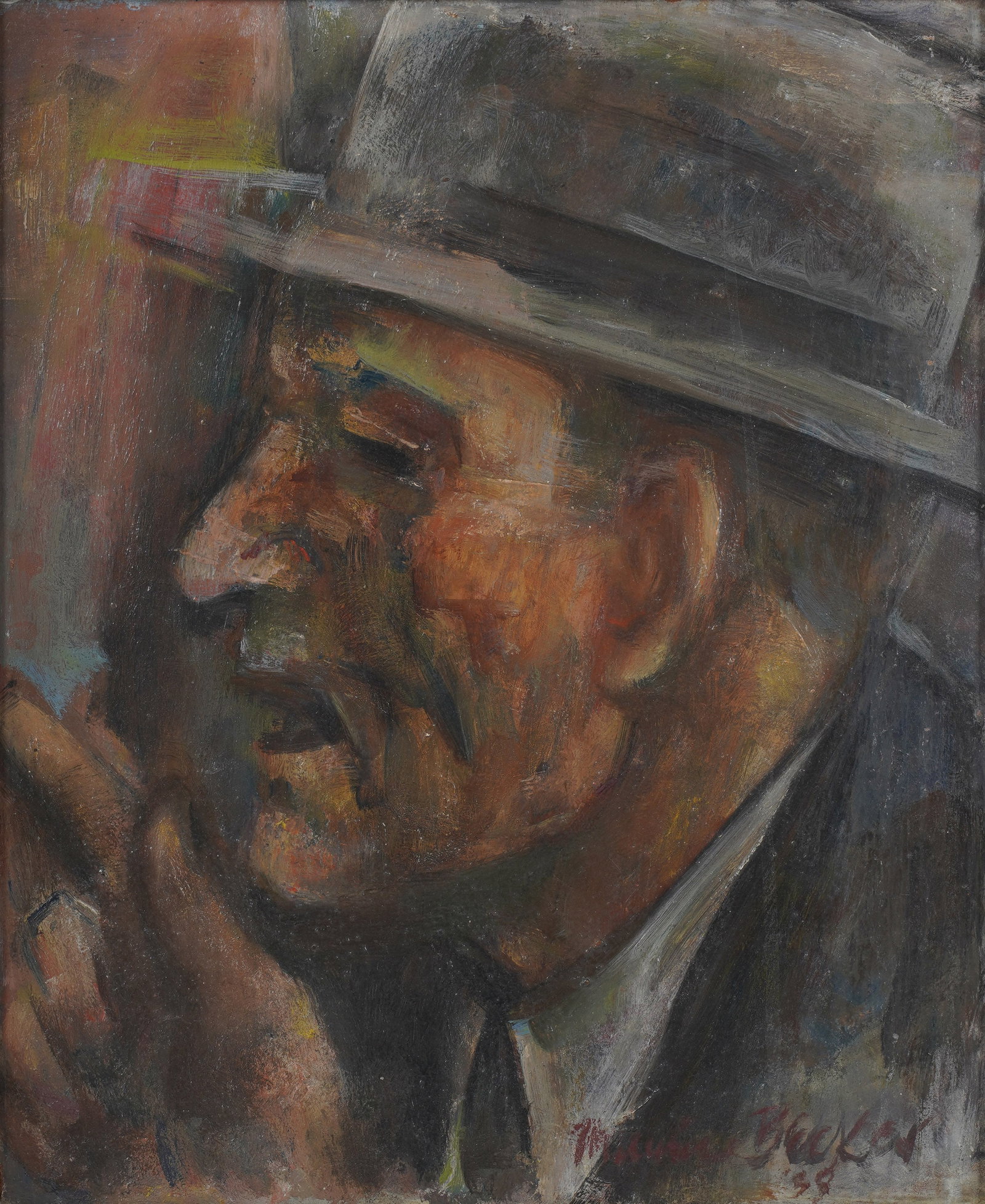 Maurice Becker, 1889-1975, A Portrait of David Burliuk: oil on Masonite 1958, signed and dated to the lower right 16 x 13 1/4 in. (40.6 x 33.7 cm.), Frame: 21 1/4 x 18 1/2 in. (54 x 47 cm.)
