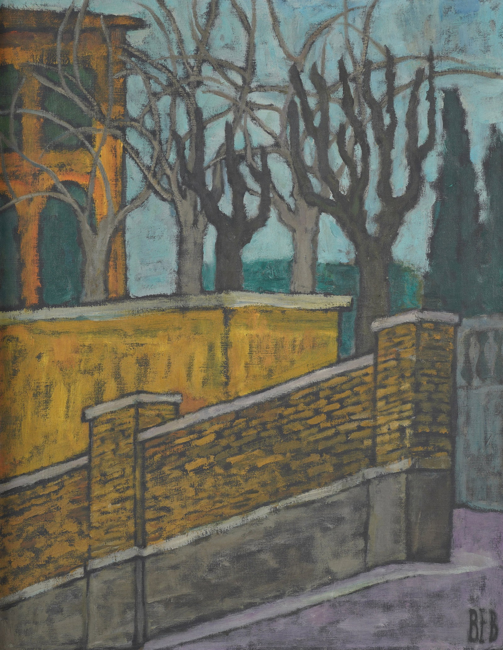 Ernestine Betsberg, 1909-2007, Wall and Trees Roma: Oil on canvas Signed to the lower right, titled and signed on verso 22 x 17 1/2 in. (55.9 x 44.5 cm.), Frame: 24 1/2 x 19 1/2 in. (62.2 x 49.5 cm.)